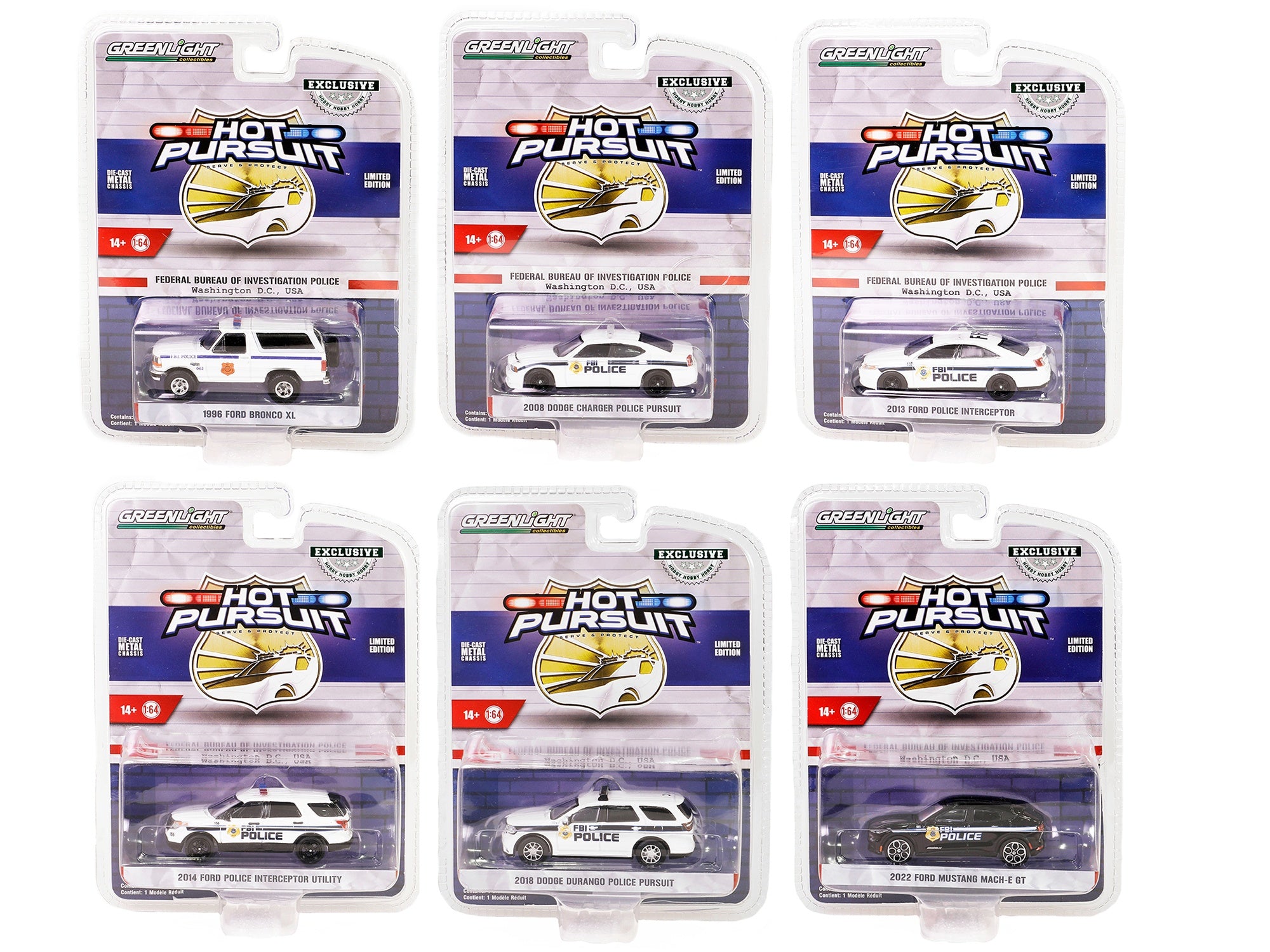 "Hot Pursuit" Special Edition "FBI Police (Federal Bureau of Investigation Police)" Set of 6 Police Cars 1/64 Diecast Model Cars by Greenlight Greenlight