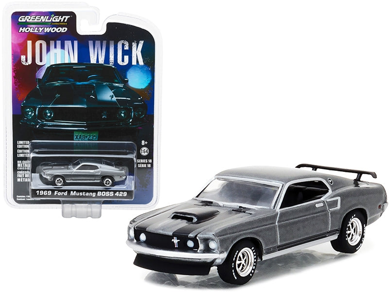 1969 Ford Mustang Boss 429 Gray Metallic with Black Stripes "John Wick" (2014) Movie "Hollywood Series" Release 18 1/64 Diecast Model Car by Greenlight Greenlight