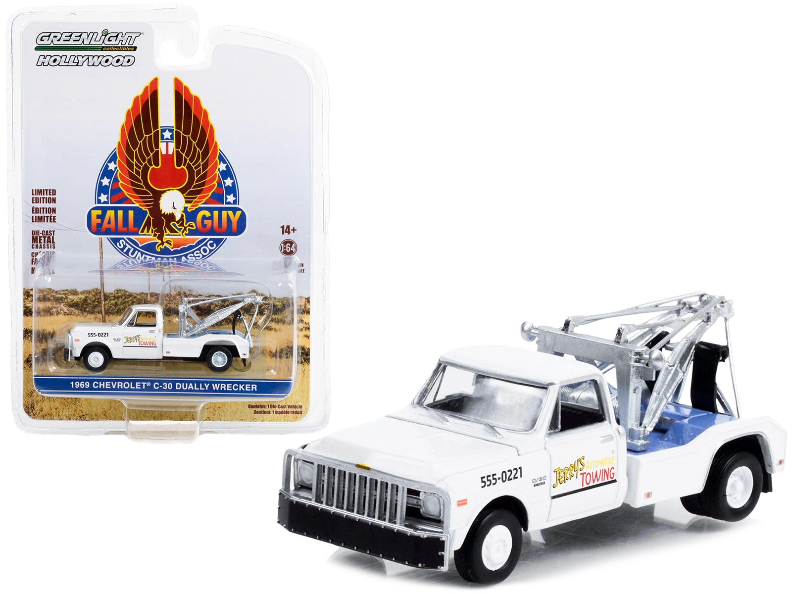 1969 Chevrolet C-30 Dually Wrecker Tow Truck White "Jerry's Towing" "Fall Guy Stuntman Association" Hollywood Special Edition 1/64 Diecast Model Car by Greenlight Greenlight