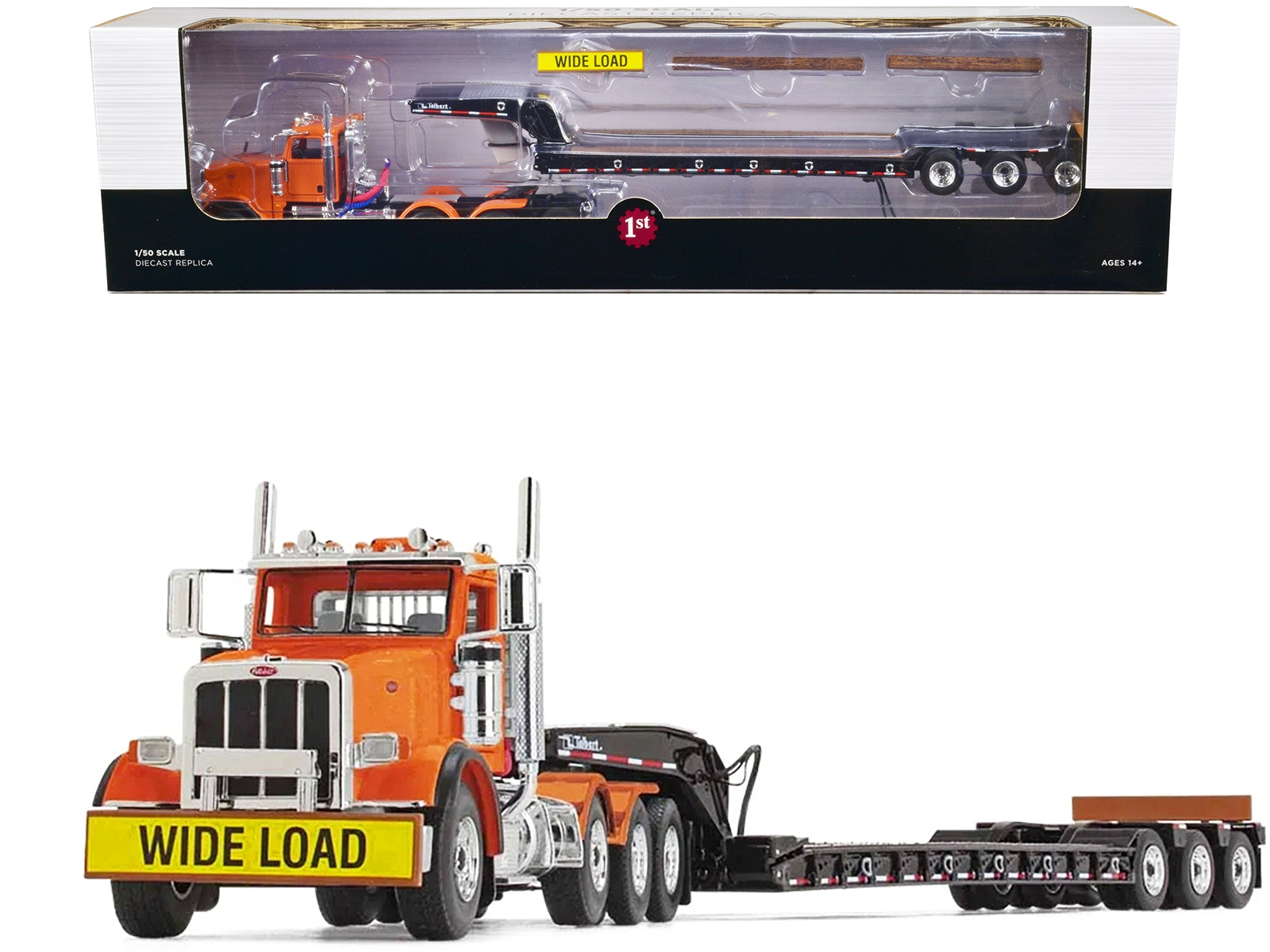 Peterbilt 367 Day Cab Bright Orange and Talbert 55SA Tri-Axle Lowboy Trailer Black 1/50 Diecast Model by First Gear First Gear