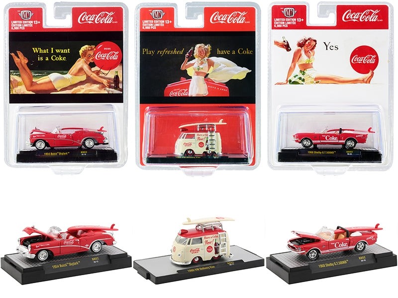 "Coca-Cola Bathing Beauties" Set of 3 Cars with Surfboards Release 2 Limited Edition to 6980 pieces Worldwide 1/64 Diecast Model Cars by M2 Machines M2