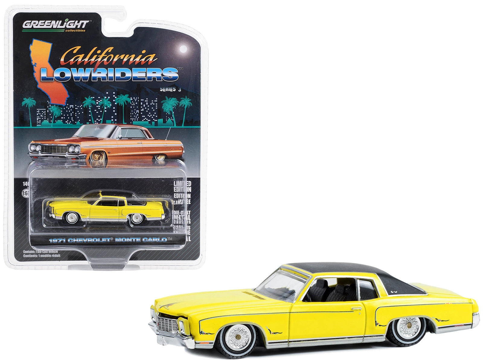 1971 Chevrolet Monte Carlo Lowrider Sunflower Yellow with Black Top "California Lowriders" Series 3 1/64 Diecast Model Car by Greenlight Greenlight