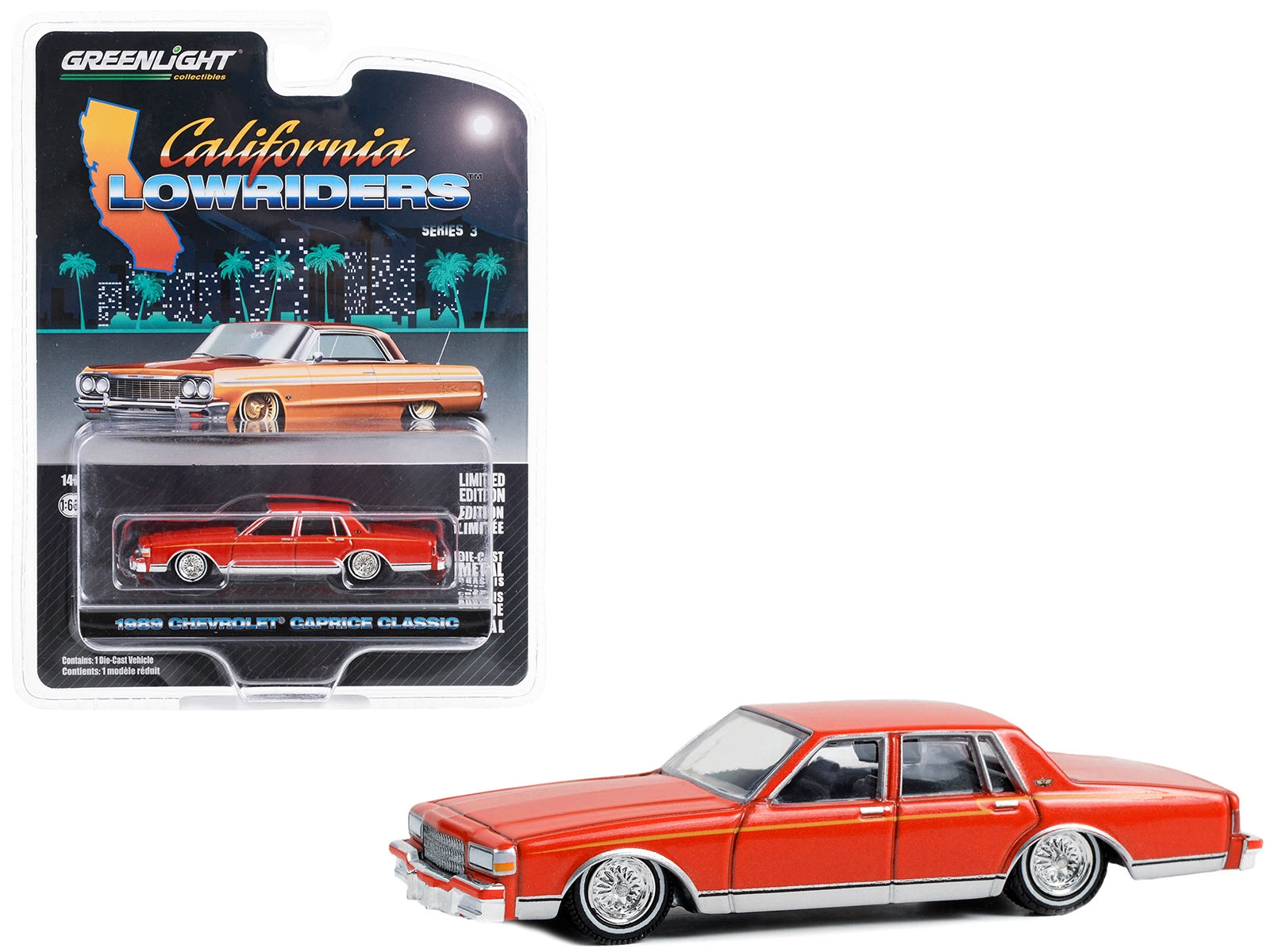 1989 Chevrolet Caprice Classic Lowrider Custom Red Orange with Yellow Stripes "California Lowriders" Series 3 1/64 Diecast Model Car by Greenlight Greenlight