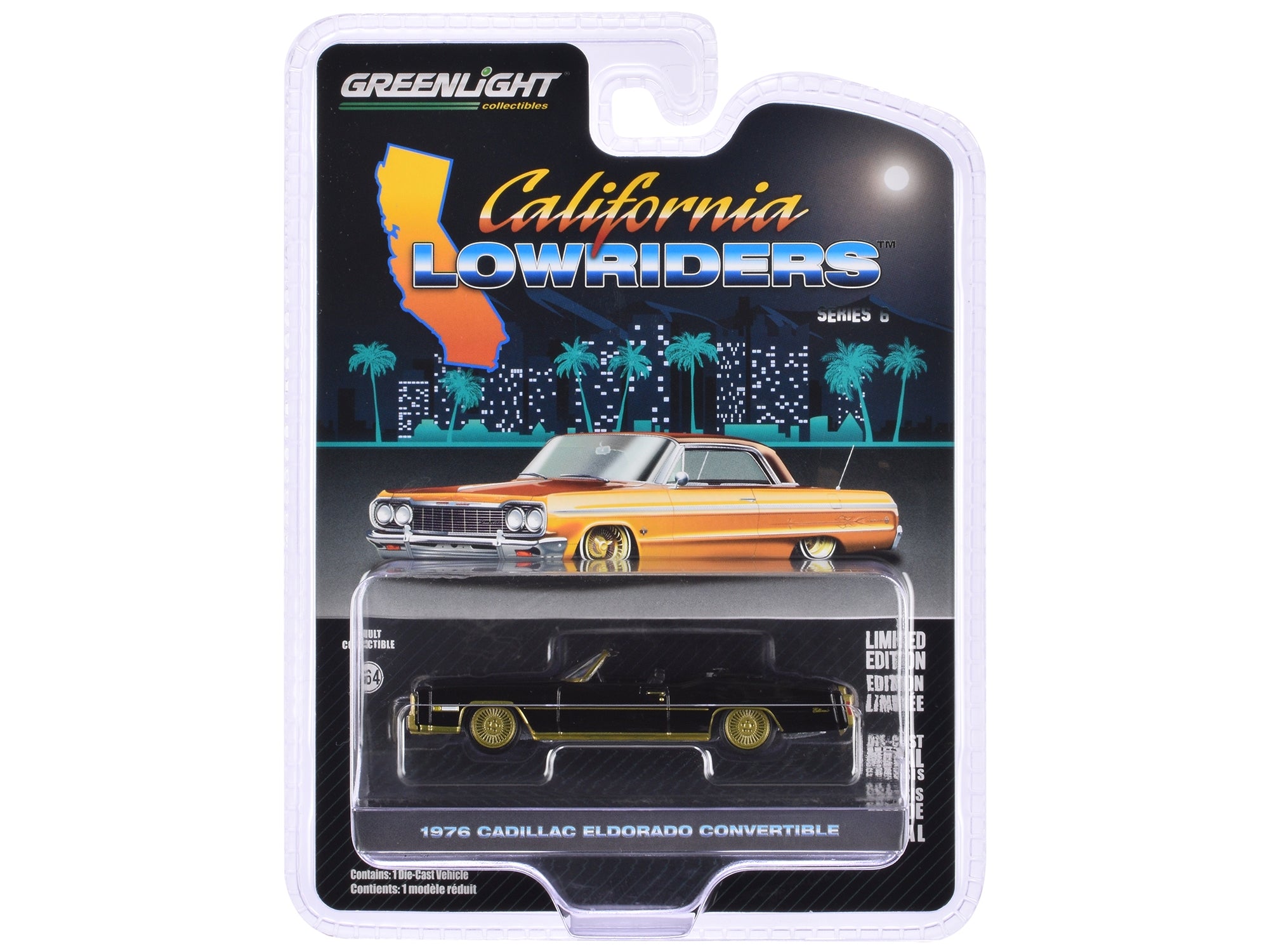 1976 Cadillac Eldorado Convertible Black and Gold "California Lowriders" Series 6 1/64 Diecast Model Car by Greenlight Greenlight