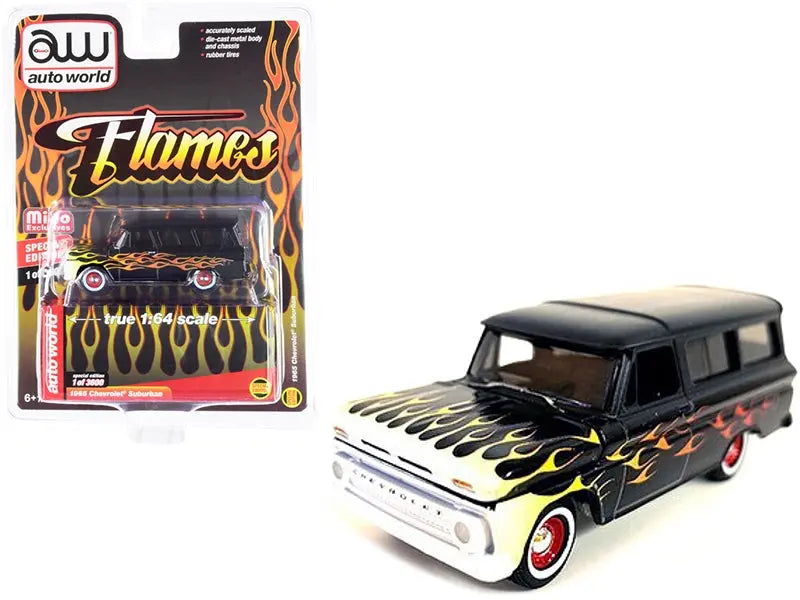 1965 Chevrolet Suburban Custom Matt Black with Flames Limited Edition to 3600 pieces Worldwide 1/64 Diecast Model Car by Auto World Autoworld