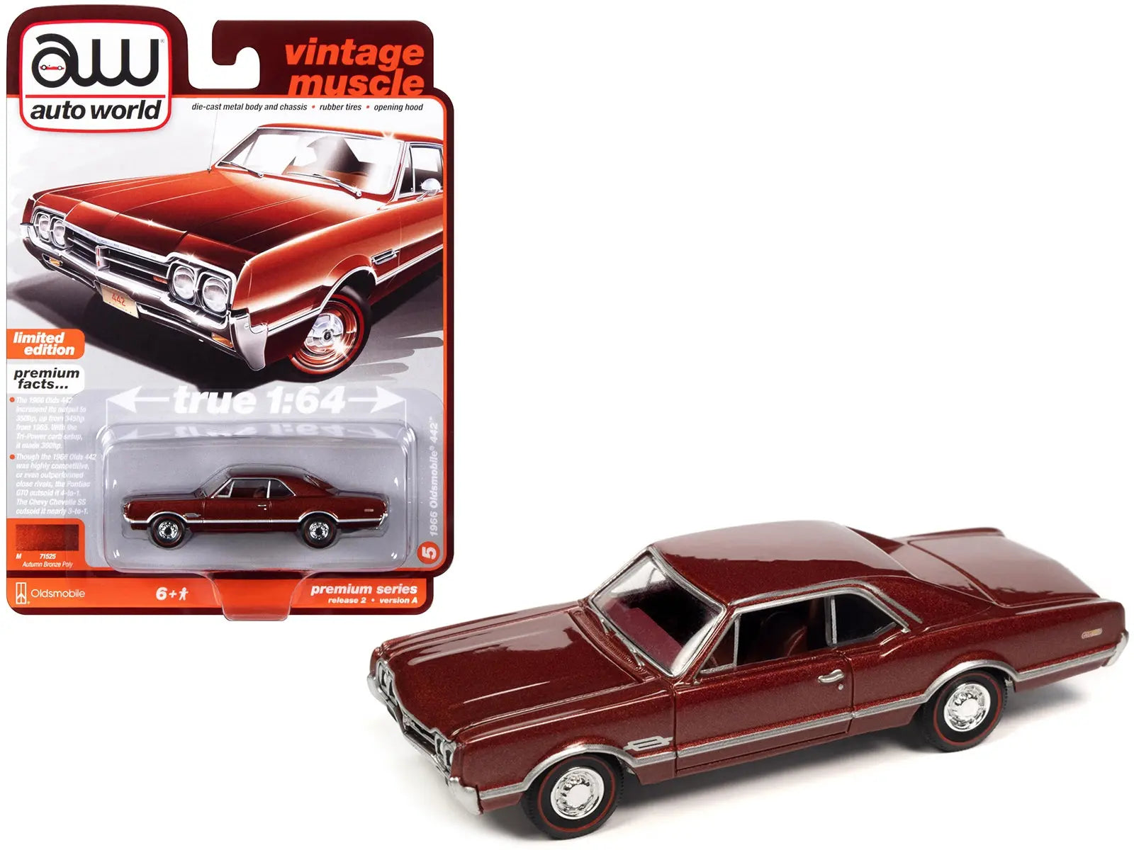 1966 Oldsmobile 442 Autumn Bronze Metallic with Red Interior "Vintage Muscle" Limited Edition 1/64 Diecast Model Car by Auto World Autoworld