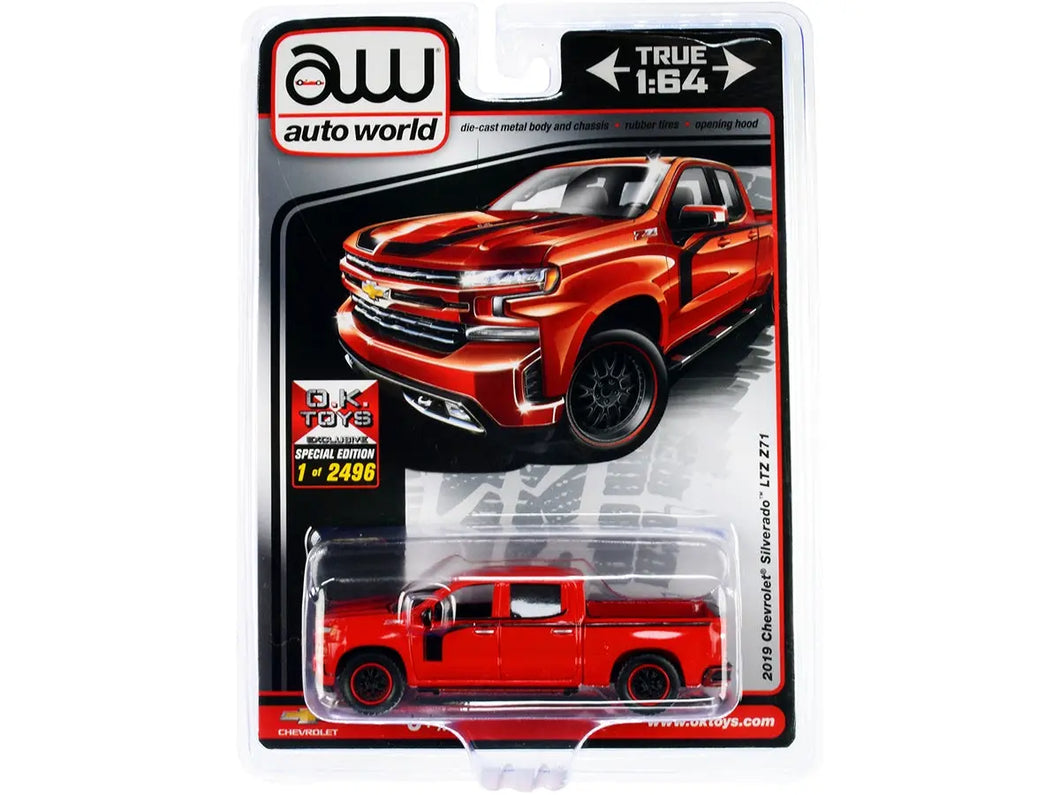 2019 Chevrolet Silverado LTZ Z71 Pickup Truck Red with Black Stripes Limited Edition to 2496 pieces Worldwide 1/64 Diecast Model Car by Auto World Autoworld