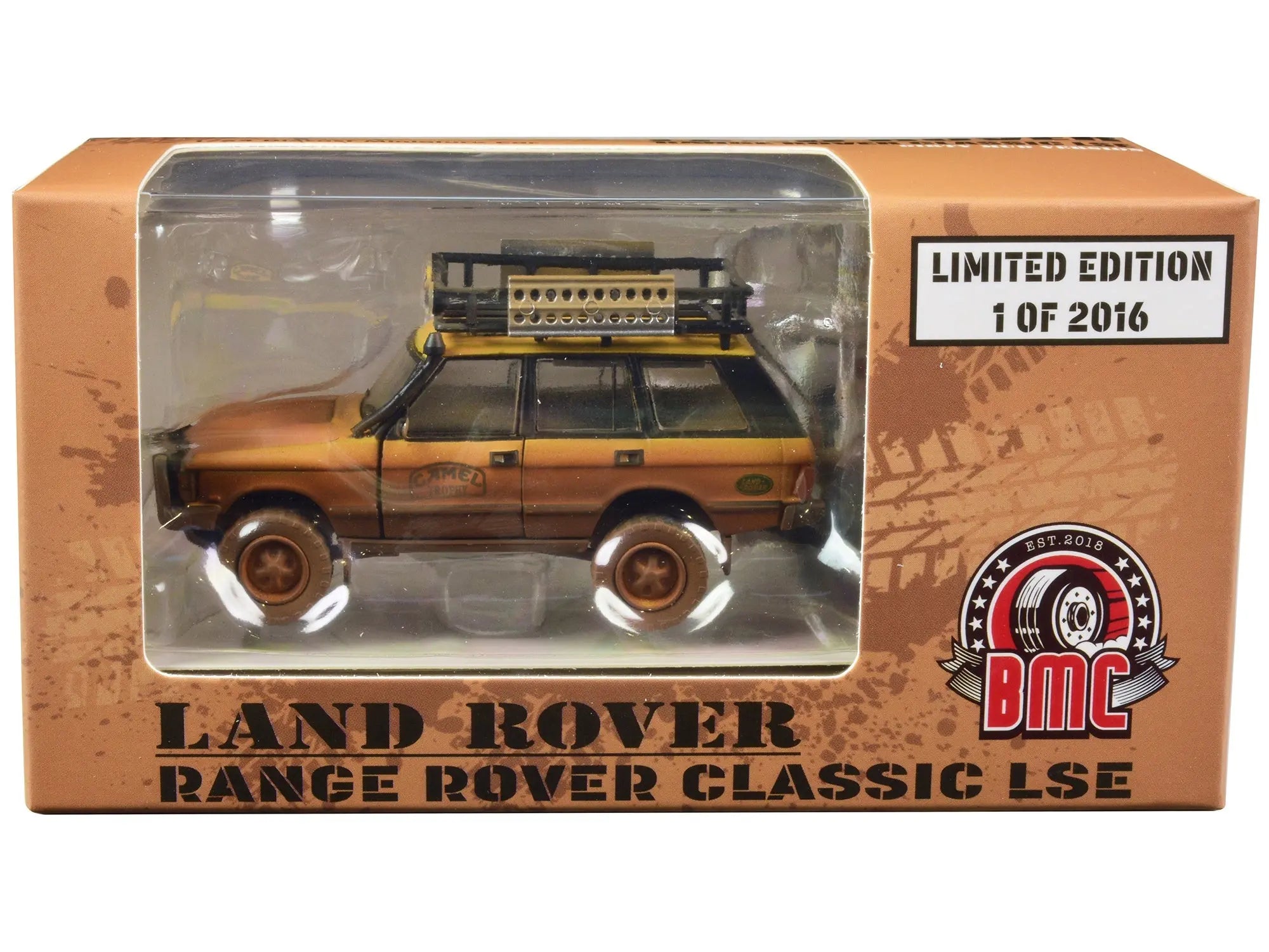 Land Rover Range Rover Classic LSE RHD (Right Hand Drive) "Camel Trophy" Yellow (Dirty Mud Version) with Roof Rack Extra Wheels and Accessories Limited Edition to 2016 pieces Worldwide 1/64 Diecast Model Car by BM Creations BM Creations