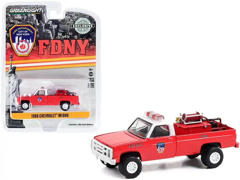 1986 Chevrolet M1008 Pickup Truck Red with White Top with Fire Equipment and Hose and Tank "Fire Department City of New York" (FDNY) "Hobby Exclusive" 1/64 Diecast Model Car by Greenlight Greenlight