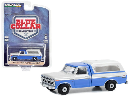 1975 Ford F-100 Ranger XLT Pickup Truck with Camper Shell Wind Blue and Wimbledon White 