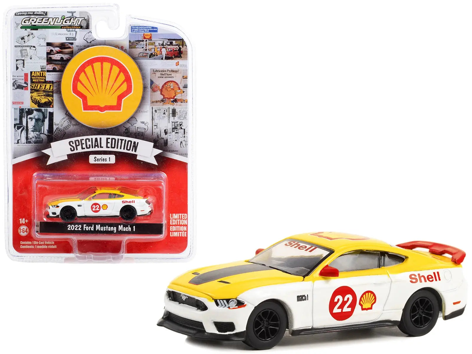 2022 Ford Mustang Mach 1 #22 Yellow and White "Shell Racing" "Shell Oil Special Edition" Series 1 1/64 Diecast Model Car by Greenlight Greenlight