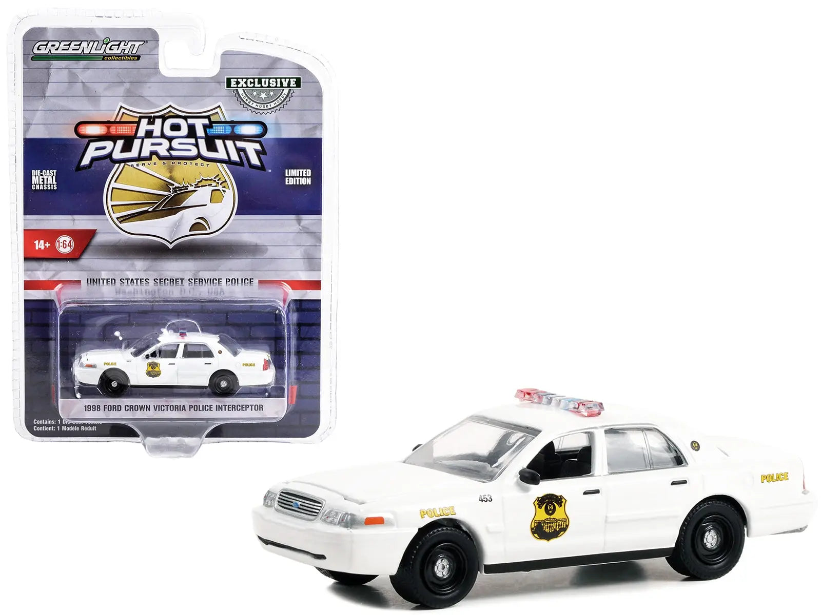 1998 Ford Crown Victoria Police Interceptor White "United States Secret Service Police" Washington DC "Hot Pursuit" Special Edition 1/64 Diecast Model Car by Greenlight Greenlight