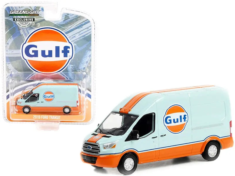 2019 Ford Transit LWB High Roof Van "Gulf Oil" Light Blue and Orange "Hobby Exclusive" 1/64 Diecast Model Car by Greenlight Greenlight