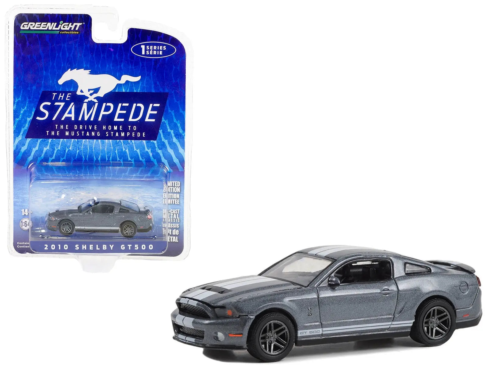 2010 Shelby GT500 Sterling Gray Metallic with White Stripes "The Drive Home to the Mustang Stampede" Series 1 1/64 Diecast Model Car by Greenlight Greenlight