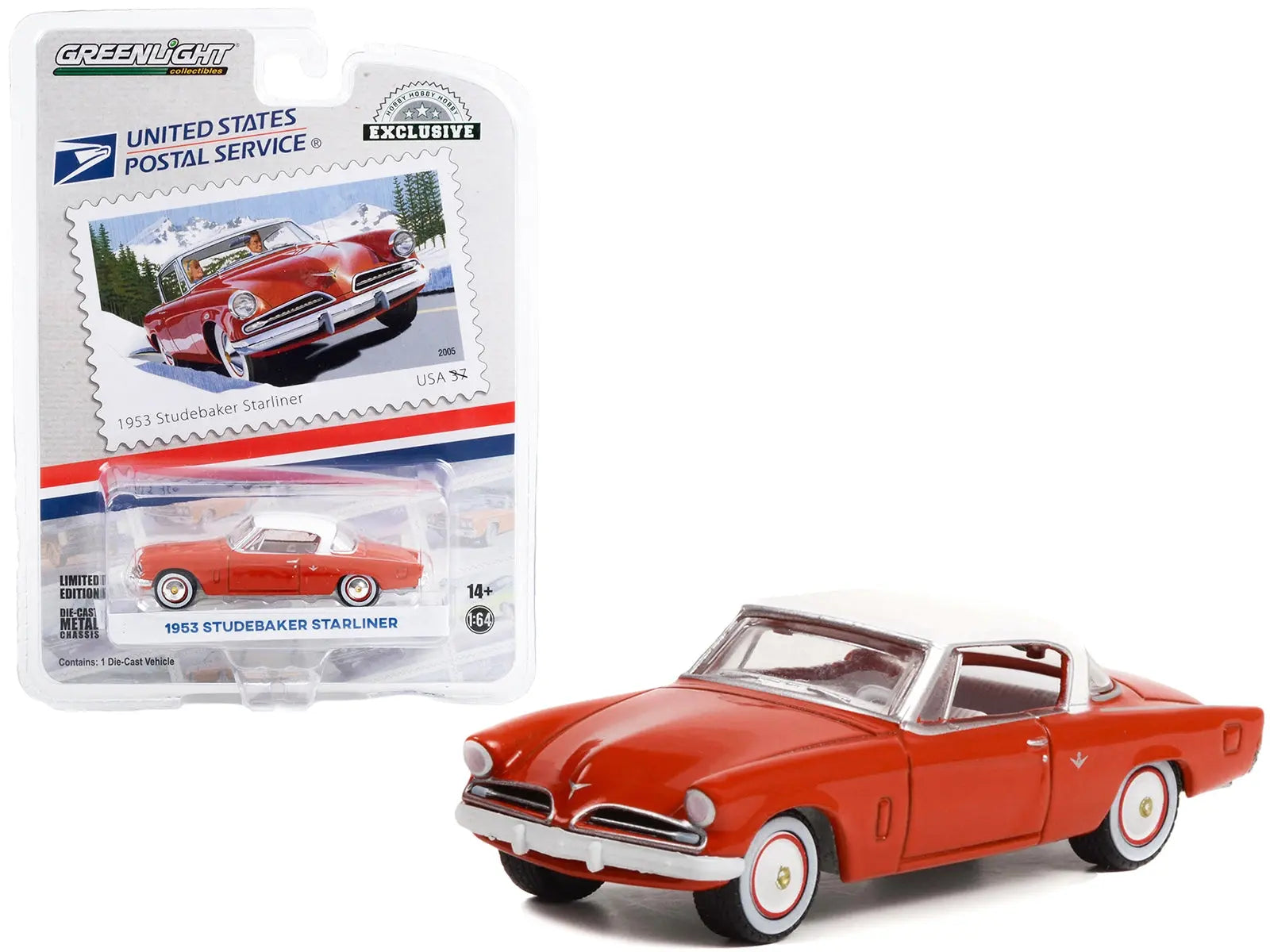 1953 Studebaker Starliner Red with White Top USPS (United States Postal Service) "America on the Move" "Hobby Exclusive" Series 1/64 Diecast Model Car by Greenlight Greenlight