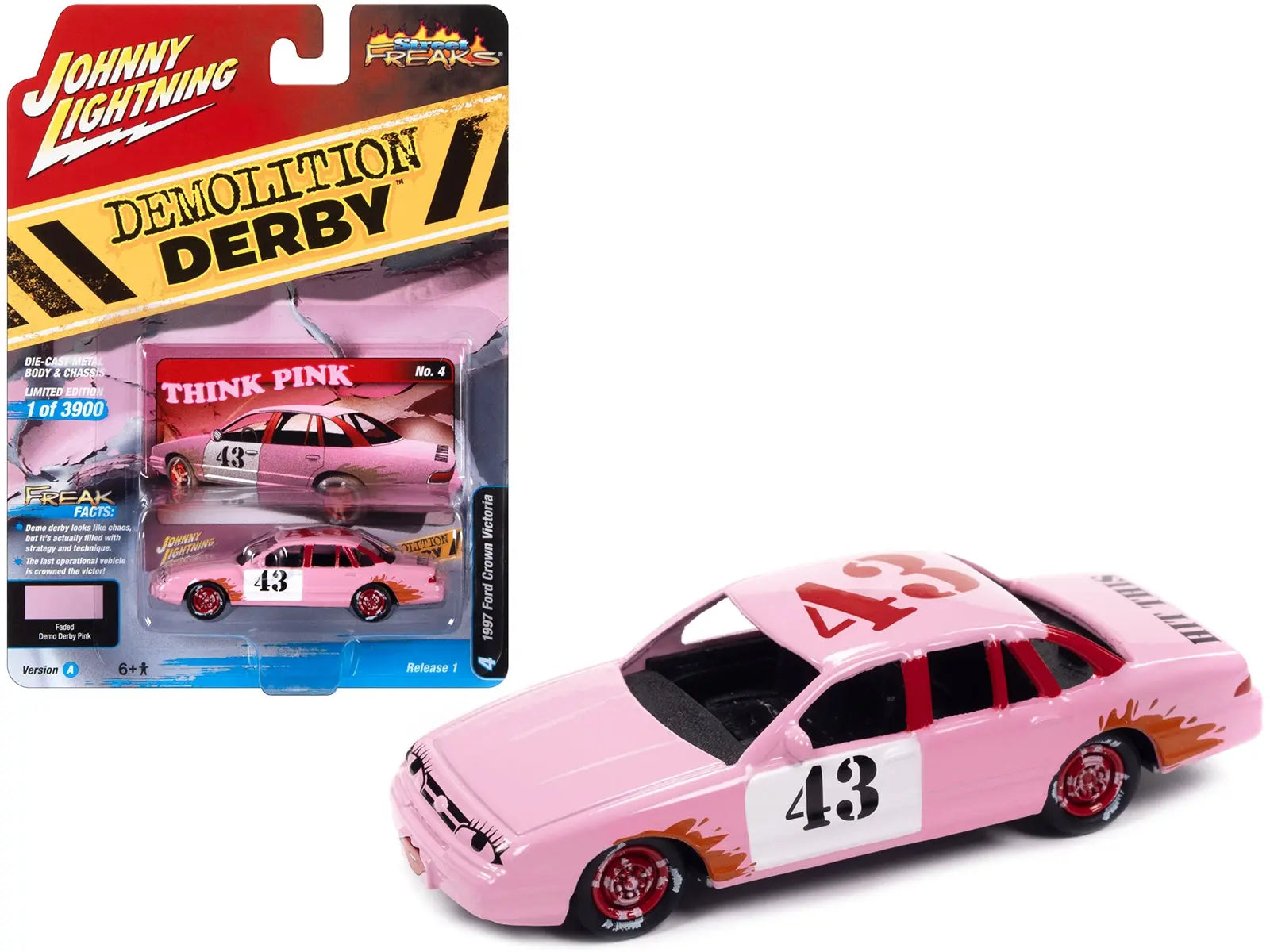 1997 Ford Crown Victoria #43 Faded Demo Derby Pink "Demolition Derby" Limited Edition to 3900 pieces Worldwide "Street Freaks" Series 1/64 Diecast Model Car by Johnny Lightning Johnny Lightning