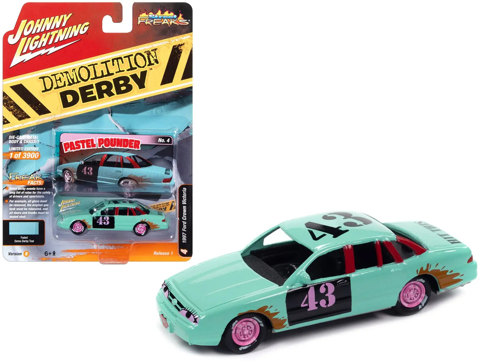 1997 Ford Crown Victoria #43 Fade Demo Derby Teal "Demolition Derby" Limited Edition to 3900 pieces Worldwide "Street Freaks" Series 1/64 Diecast Model Car by Johnny Lightning Johnny Lightning