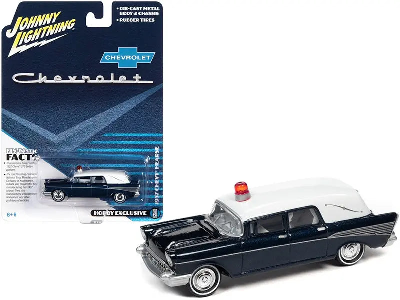 1957 Chevrolet Hearse Metisse Blue Metallic with White Top 1/64 Diecast Model Car by Johnny Lightning Johnny Lightning