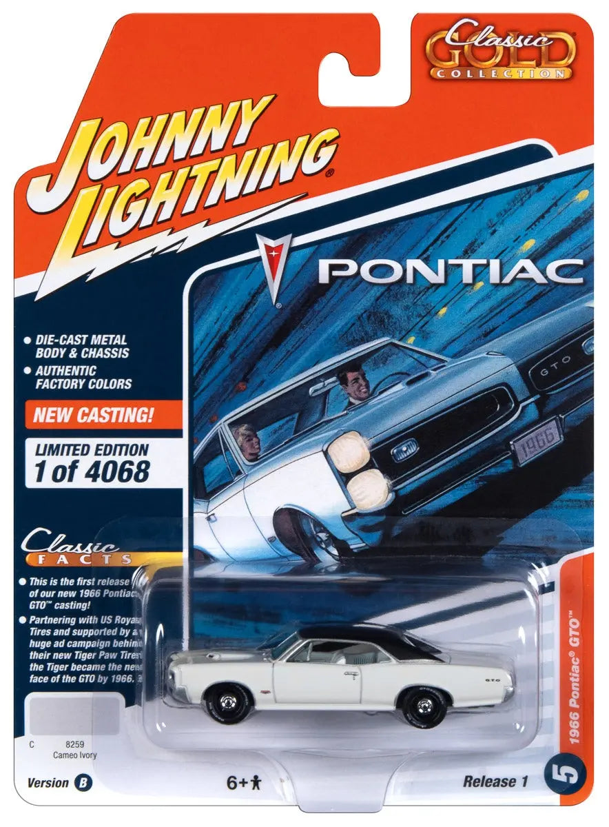 1966 Pontiac GTO Cameo Ivory with Black Top and White Interior "Classic Gold Collection" 2023 Release 1 Limited Edition to 4068 pieces Worldwide 1/64 Diecast Model Car by Johnny Lightning Johnny Lightning