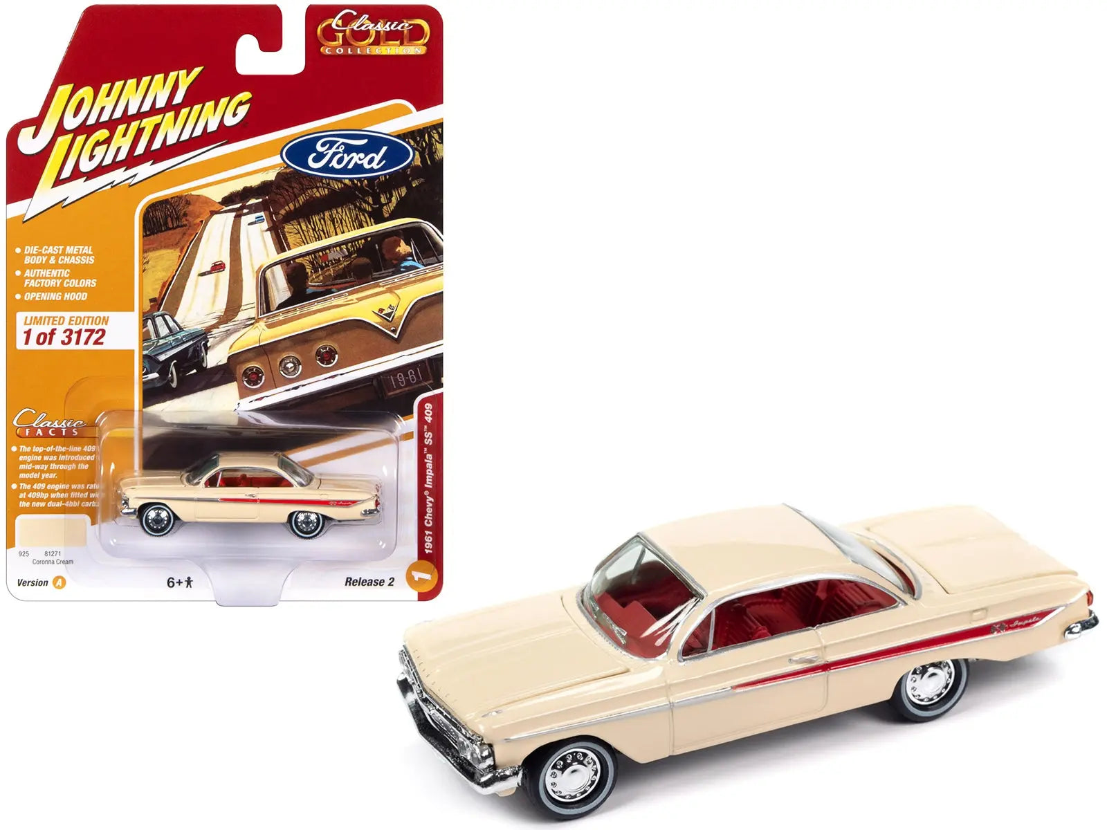1961 Chevrolet Impala SS 409 Coronna Cream with Red Stripes and Interior "Classic Gold Collection" 2023 Release 2 Limited Edition to 3172 pieces Worldwide 1/64 Diecast Model Car by Johnny Lightning Johnny Lightning