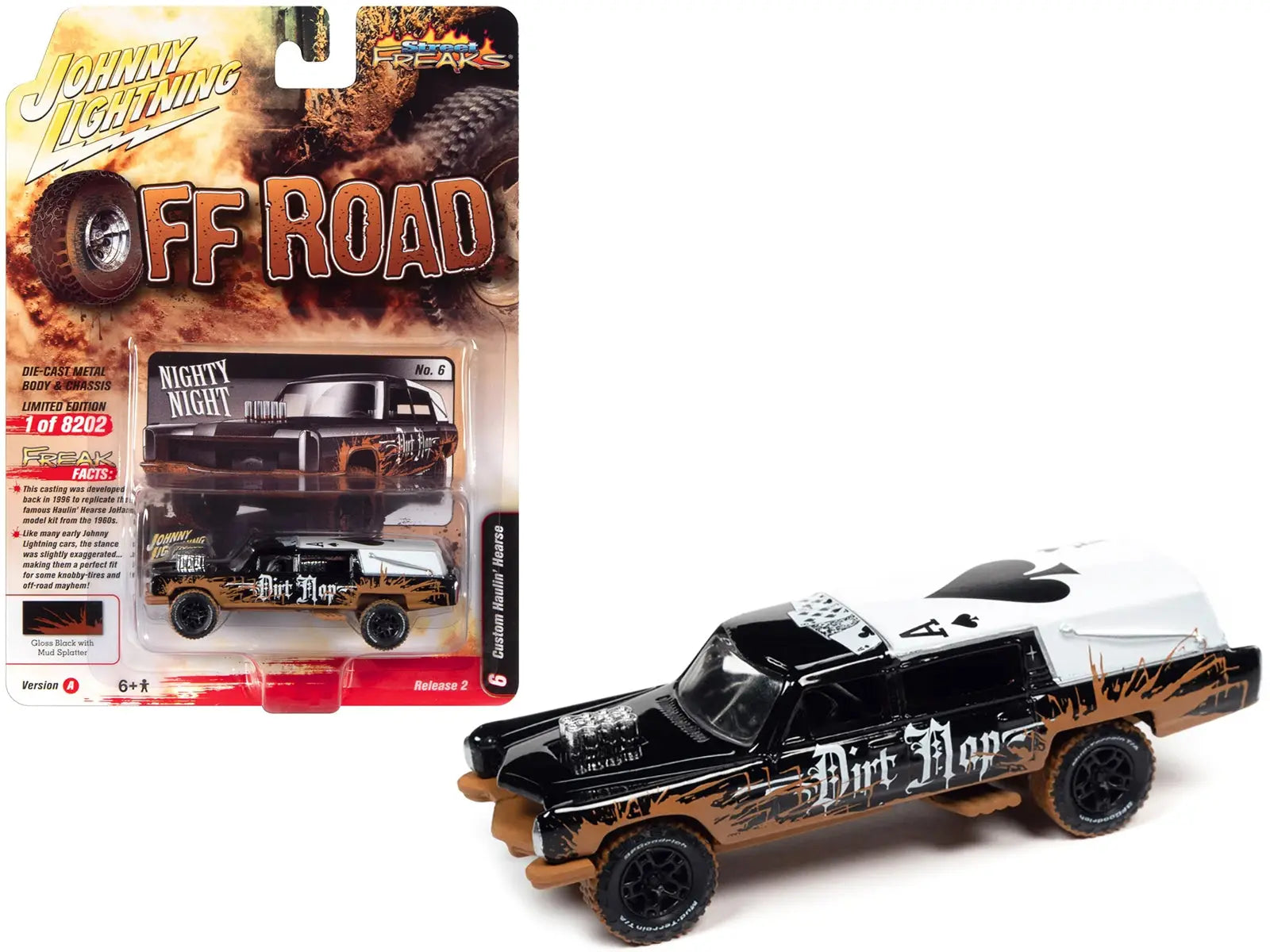 Haulin' Hearse Custom Black with Mud Graphics "Dirt Mop" "Off Road" Series Limited Edition to 8202 pieces Worldwide 1/64 Diecast Model Car by Johnny Lightning Johnny Lightning