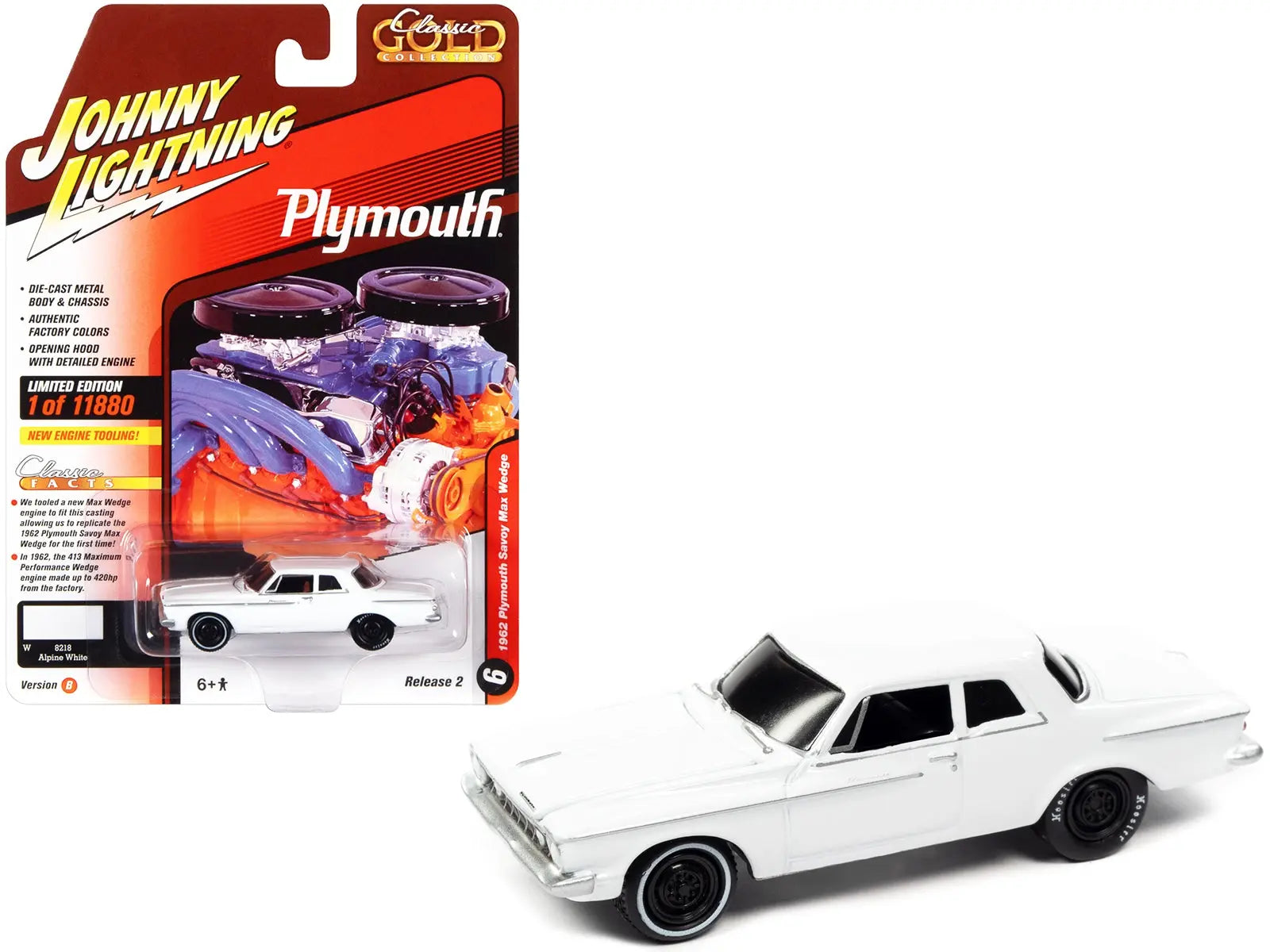 1962 Plymouth Savoy Max Wedge Alpine White "Classic Gold Collection" Series Limited Edition to 11880 pieces Worldwide 1/64 Diecast Model Car by Johnny Lightning Johnny Lightning