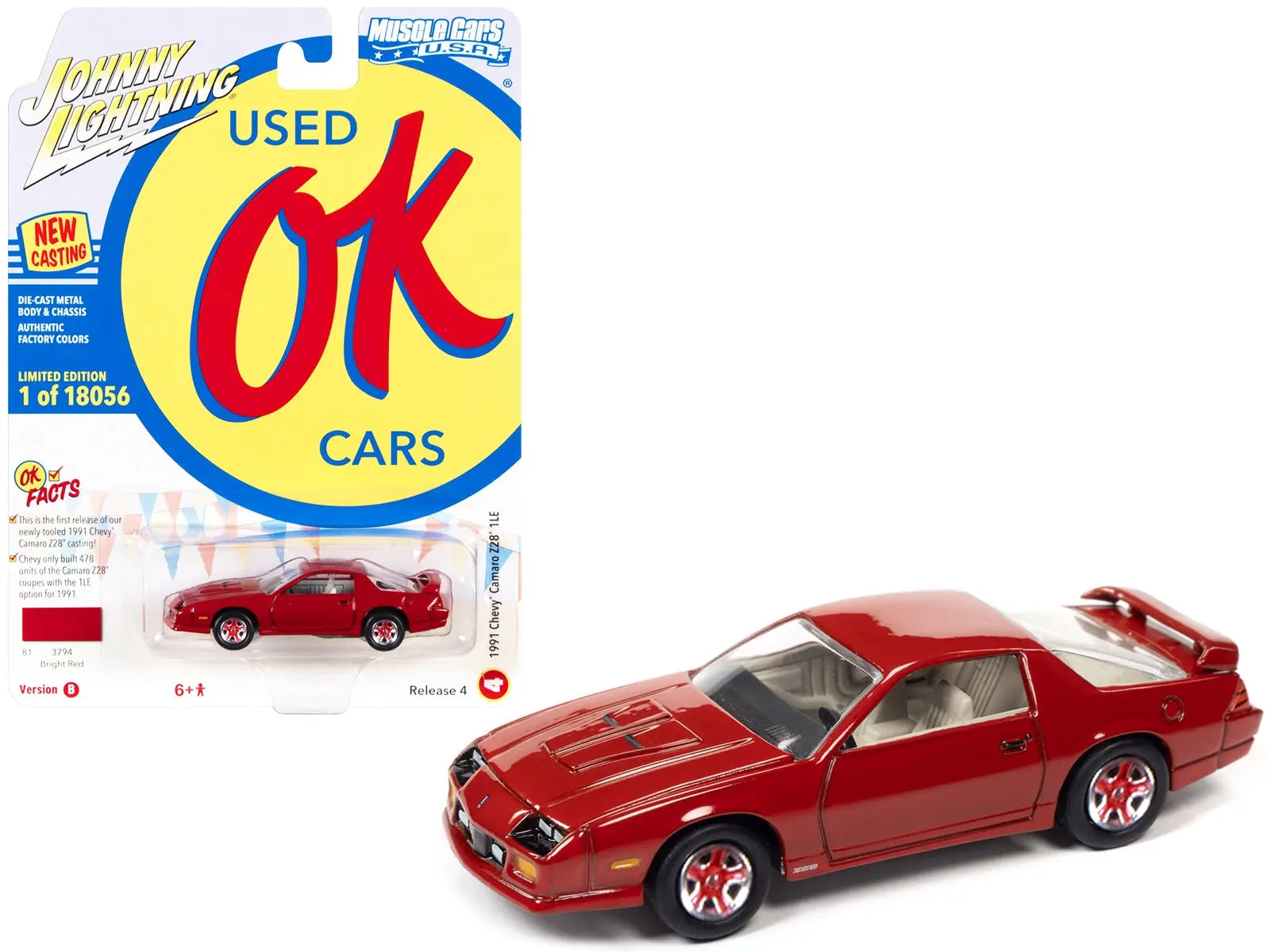 1991 Chevrolet Camaro Z28 1LE Bright Red "OK Used Cars" Series Limited Edition to 18056 pieces Worldwide 1/64 Diecast Model Car by Johnny Lightning Johnny Lightning