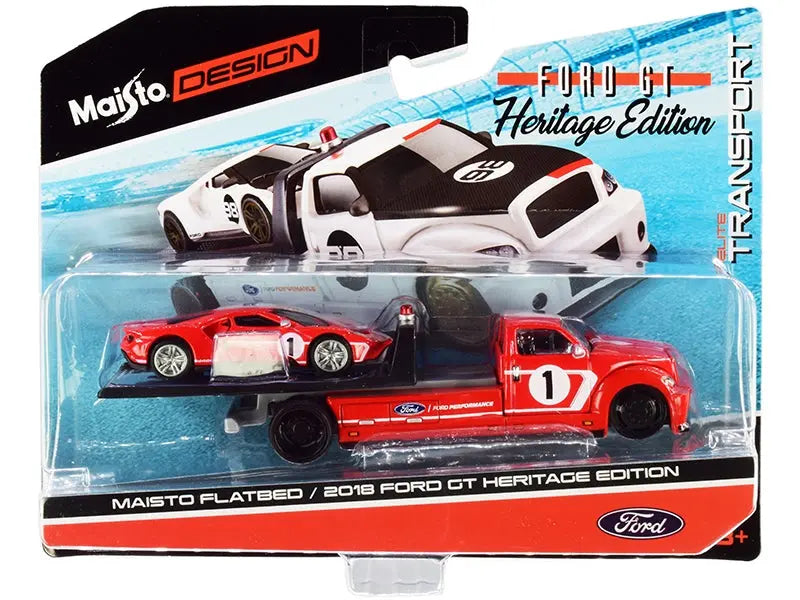 2018 Ford GT #1 Heritage Edition with Flatbed Truck Red with White Stripes "Elite Transport" Series 1/64 Diecast Model Cars by Maisto Maisto