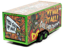 Load image into Gallery viewer, 4-Wheel Enclosed Car Trailer Green with Graphics &quot;Rat Fink: We Haul it All!&quot; 1/64 Diecast Model by Auto World Autoworld
