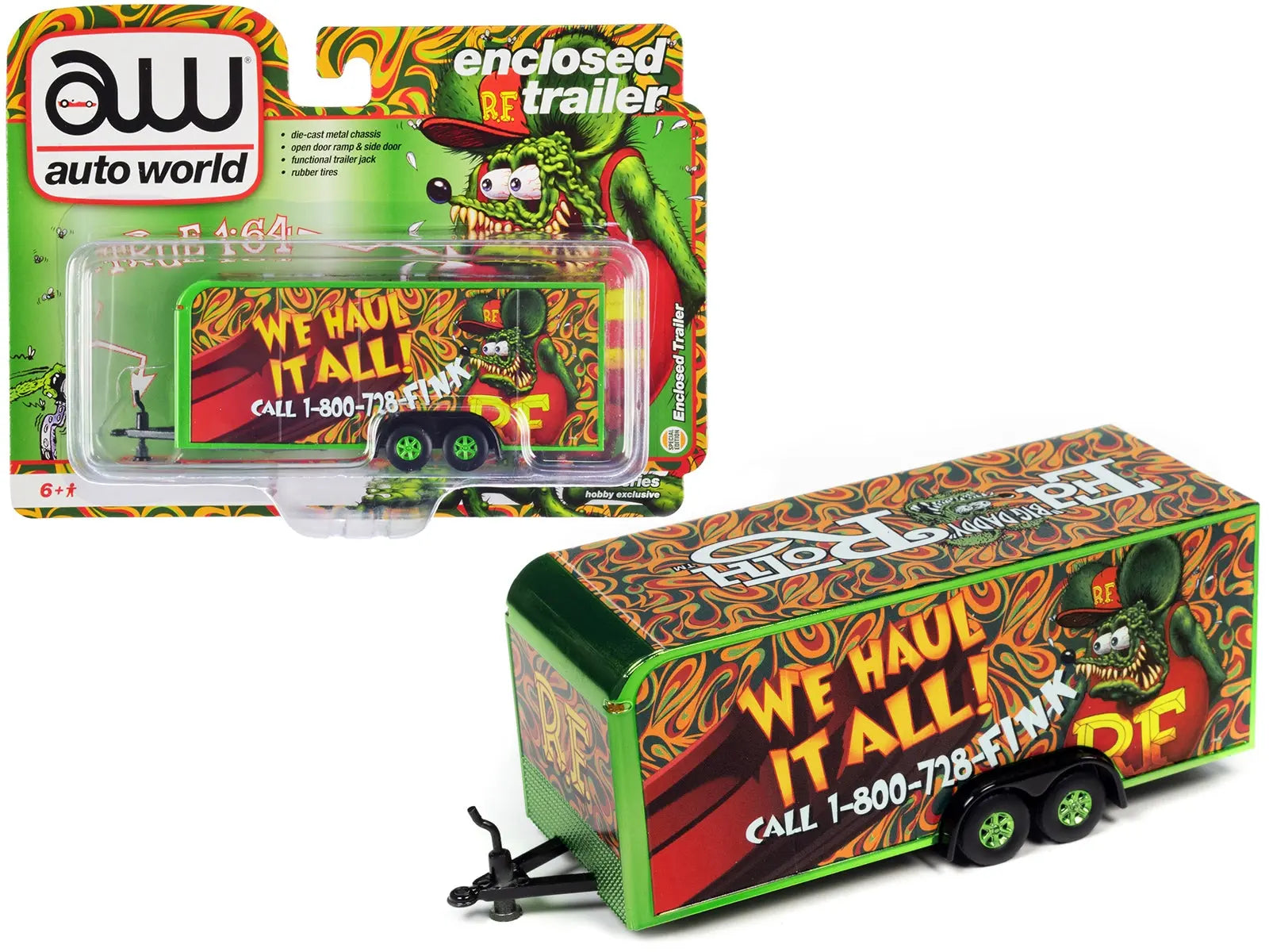 4-Wheel Enclosed Car Trailer Green with Graphics "Rat Fink: We Haul it All!" 1/64 Diecast Model by Auto World Autoworld