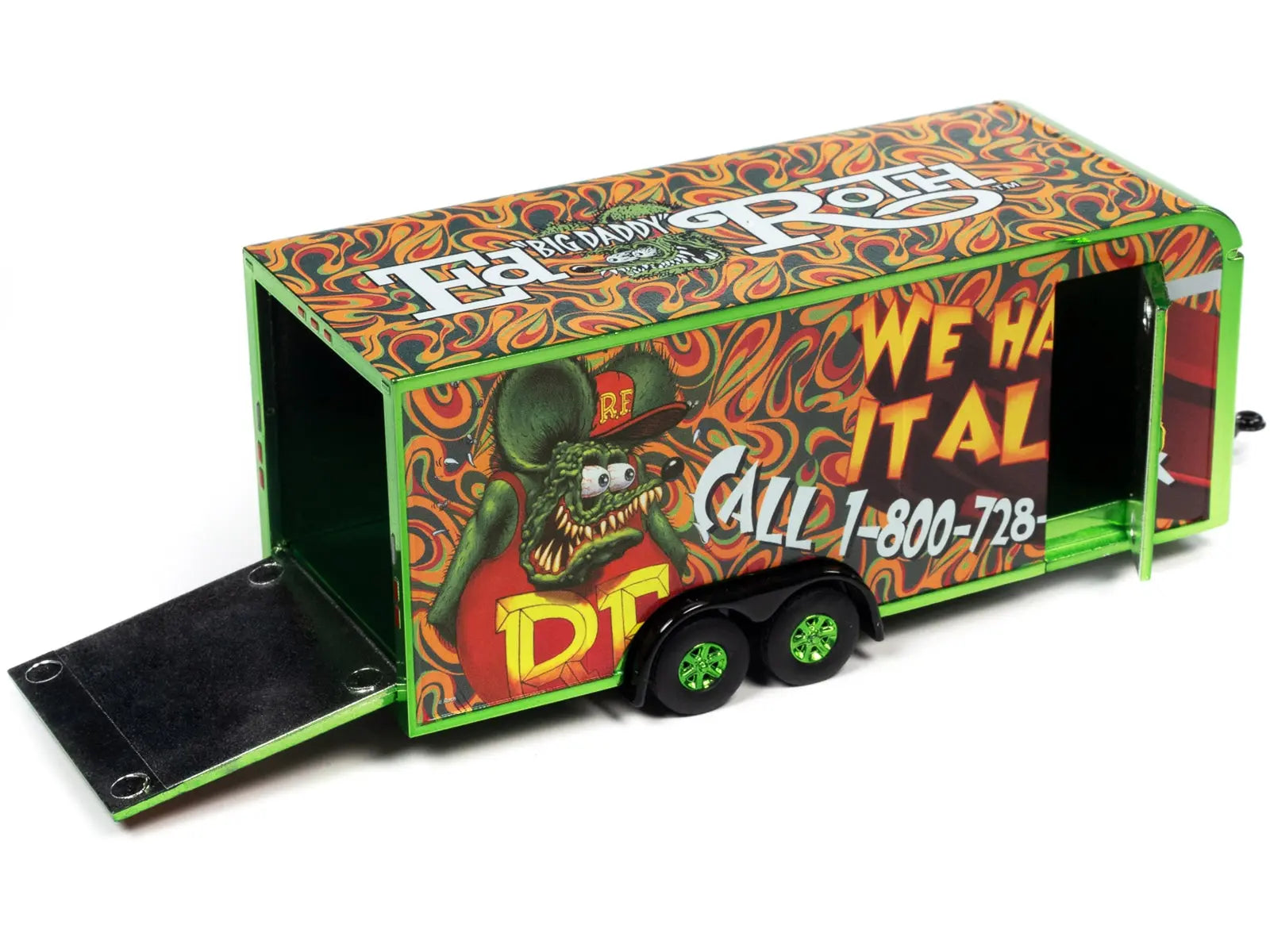 4-Wheel Enclosed Car Trailer Green with Graphics "Rat Fink: We Haul it All!" 1/64 Diecast Model by Auto World Autoworld