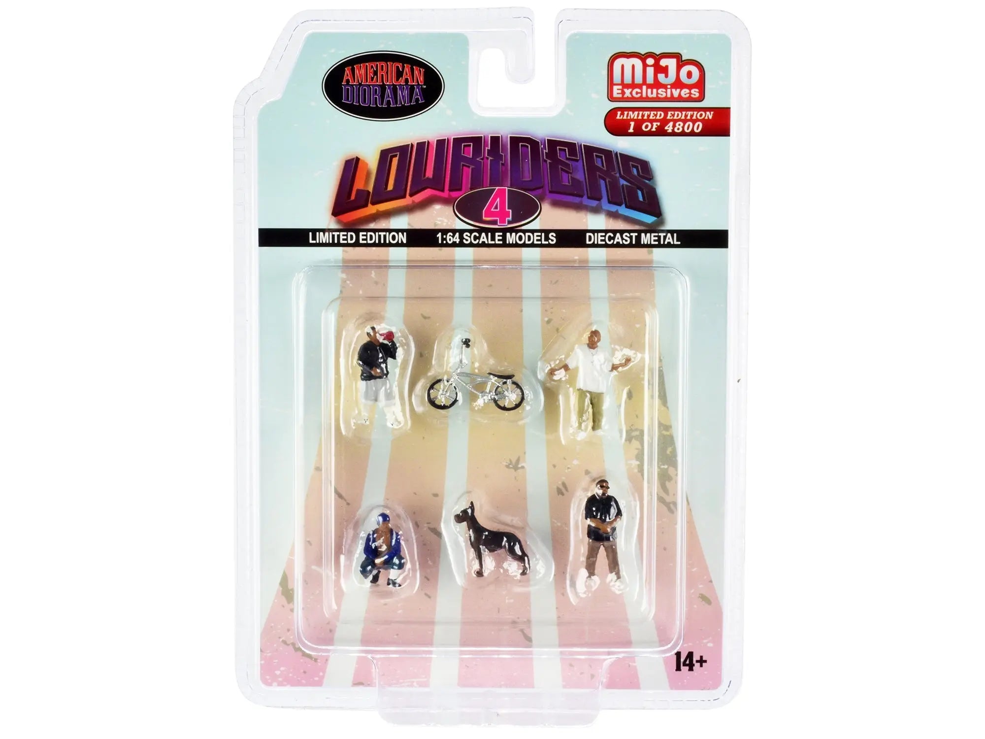 "Lowriders 4" 6 piece Diecast Set (4 Men 1 Dog 1 Bicycle Figures and Accessories) Limited Edition to 4800 pieces Worldwide 1/64 Scale Models by American Diorama American Diorama