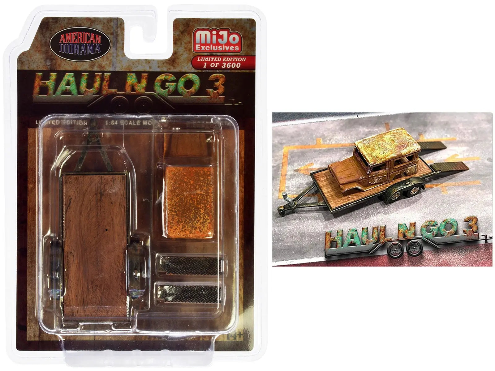 "Haul N Go 3" 4 piece Diecast Model Set (1 Flatbed Trailer 1 Abandoned Car 2 Ramps) Limited Edition to 3600 pieces Worldwide for 1/64 scale models by American Diorama American Diorama