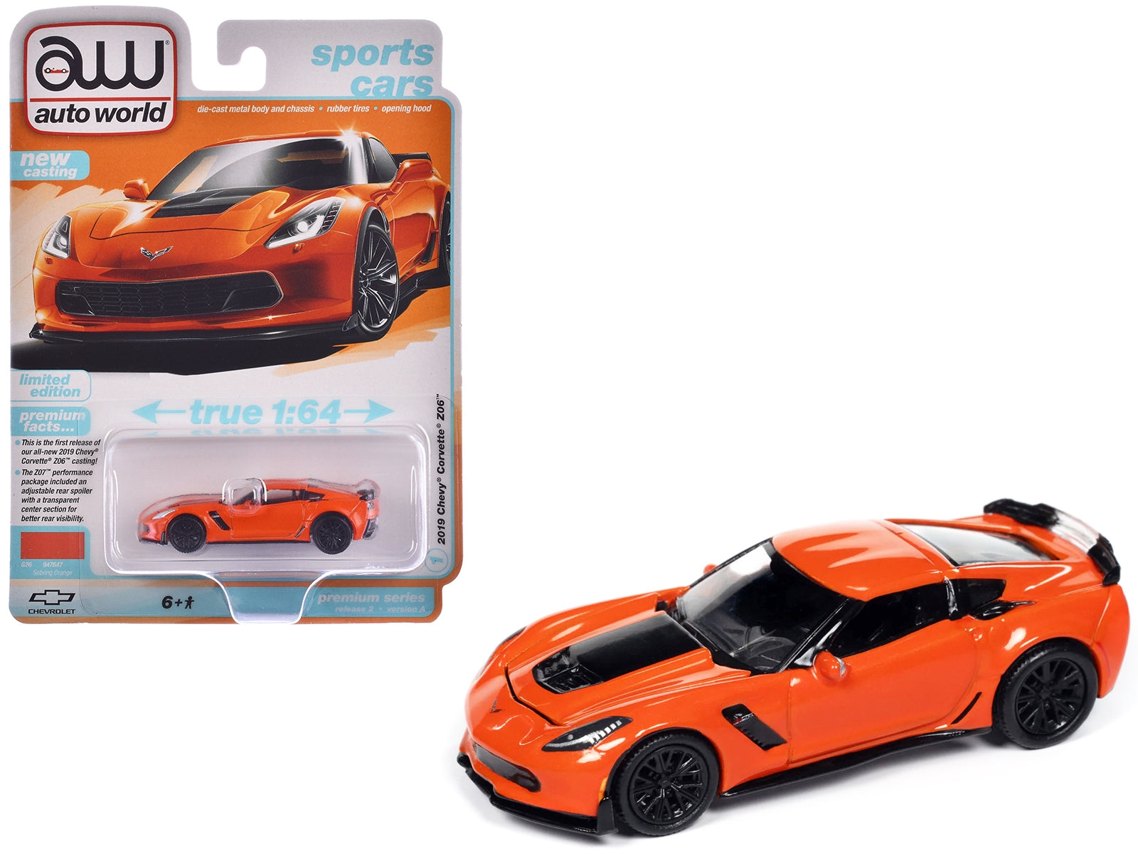 2019 Chevrolet Corvette Z06 Sebring Orange with Black Hood "Sports Cars" Series 1/64 Diecast Model Car by Auto World Autoworld