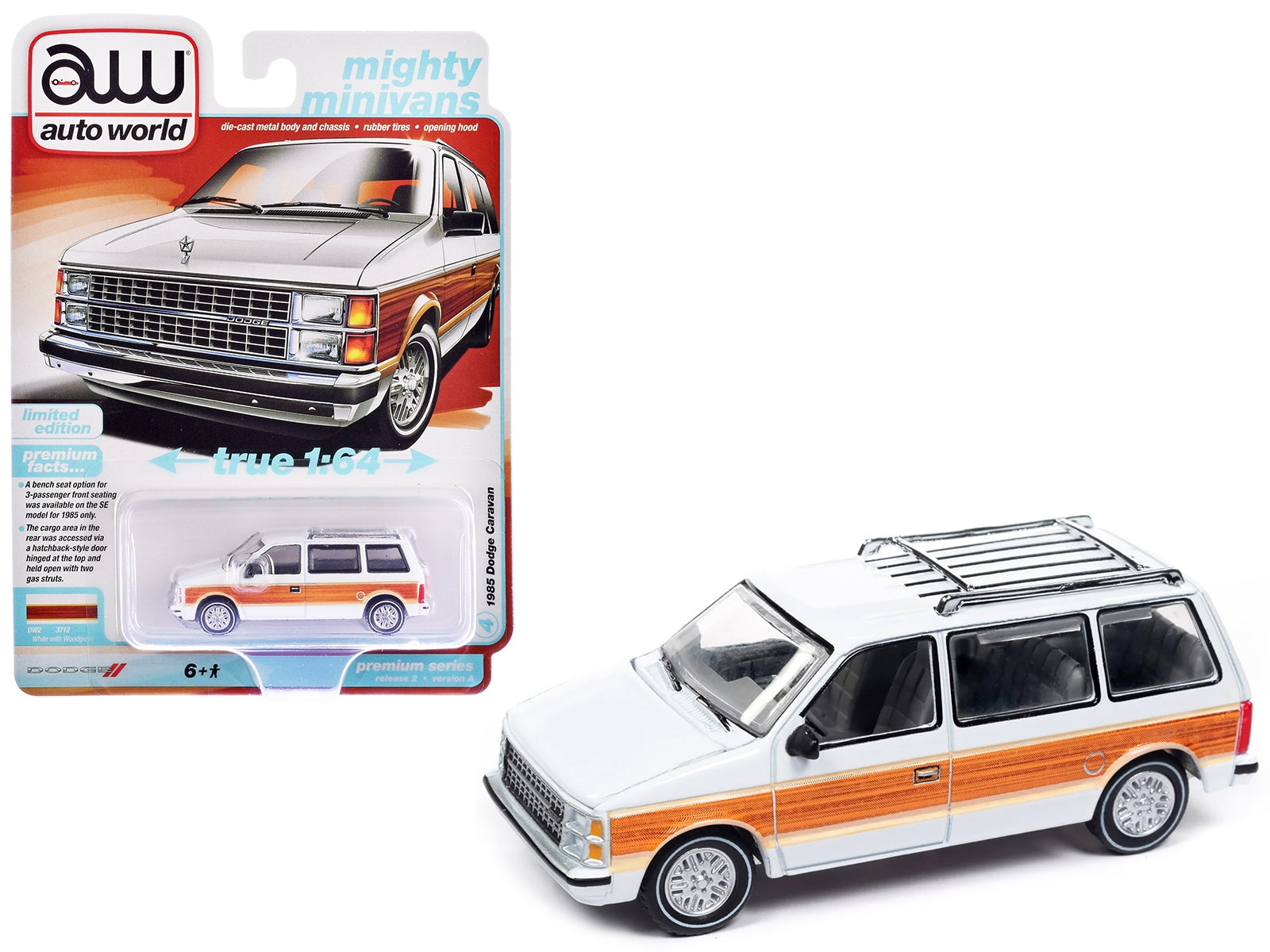 1985 Dodge Caravan Van White with Woodgrain Side Panels "Mighty Minivans" Series 1/64 Diecast Model Car by Auto World Autoworld