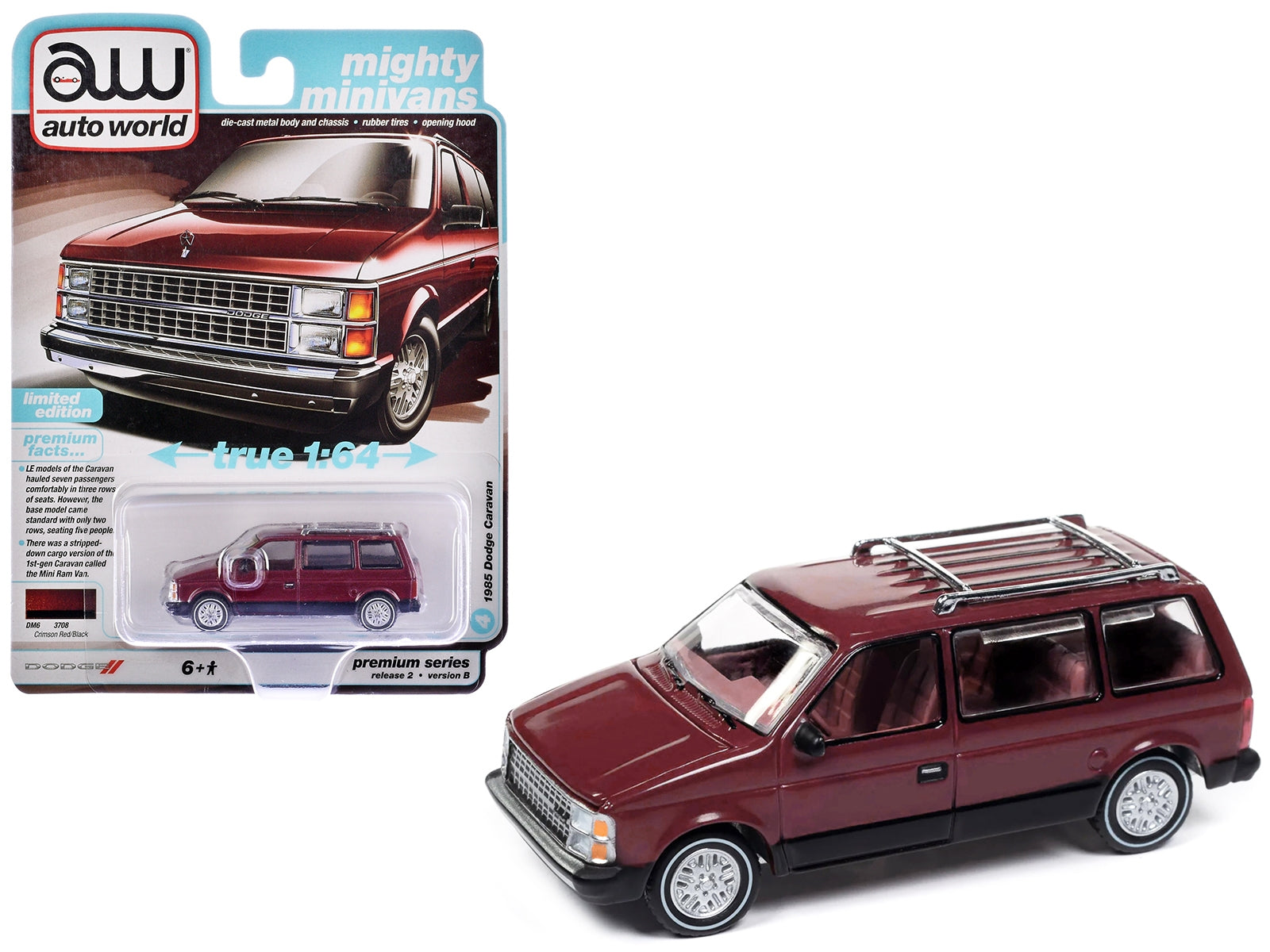 1985 Dodge Caravan Van Crimson Red and Black "Mighty Minivans" Series 1/64 Diecast Model Car by Auto World Autoworld