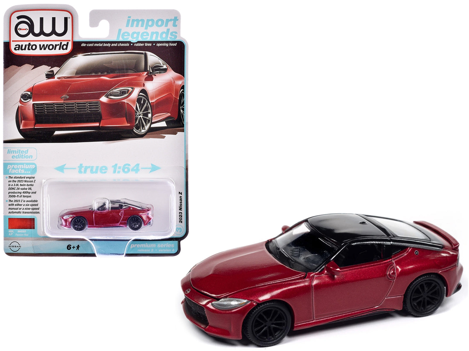 2023 Nissan Z Passion Red Metallic with Black Top "Import Legends" Series 1/64 Diecast Model Car by Auto World Autoworld