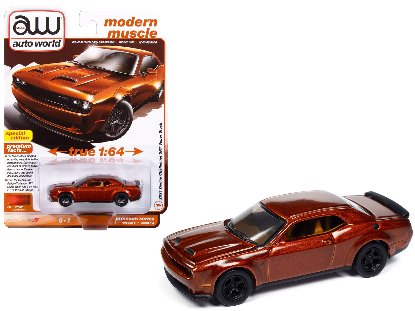 2021 Dodge Challenger SRT Super Stock Sinamon Stick Orange Metallic "Modern Muscle" Series 1/64 Diecast Model Car by Auto World Autoworld