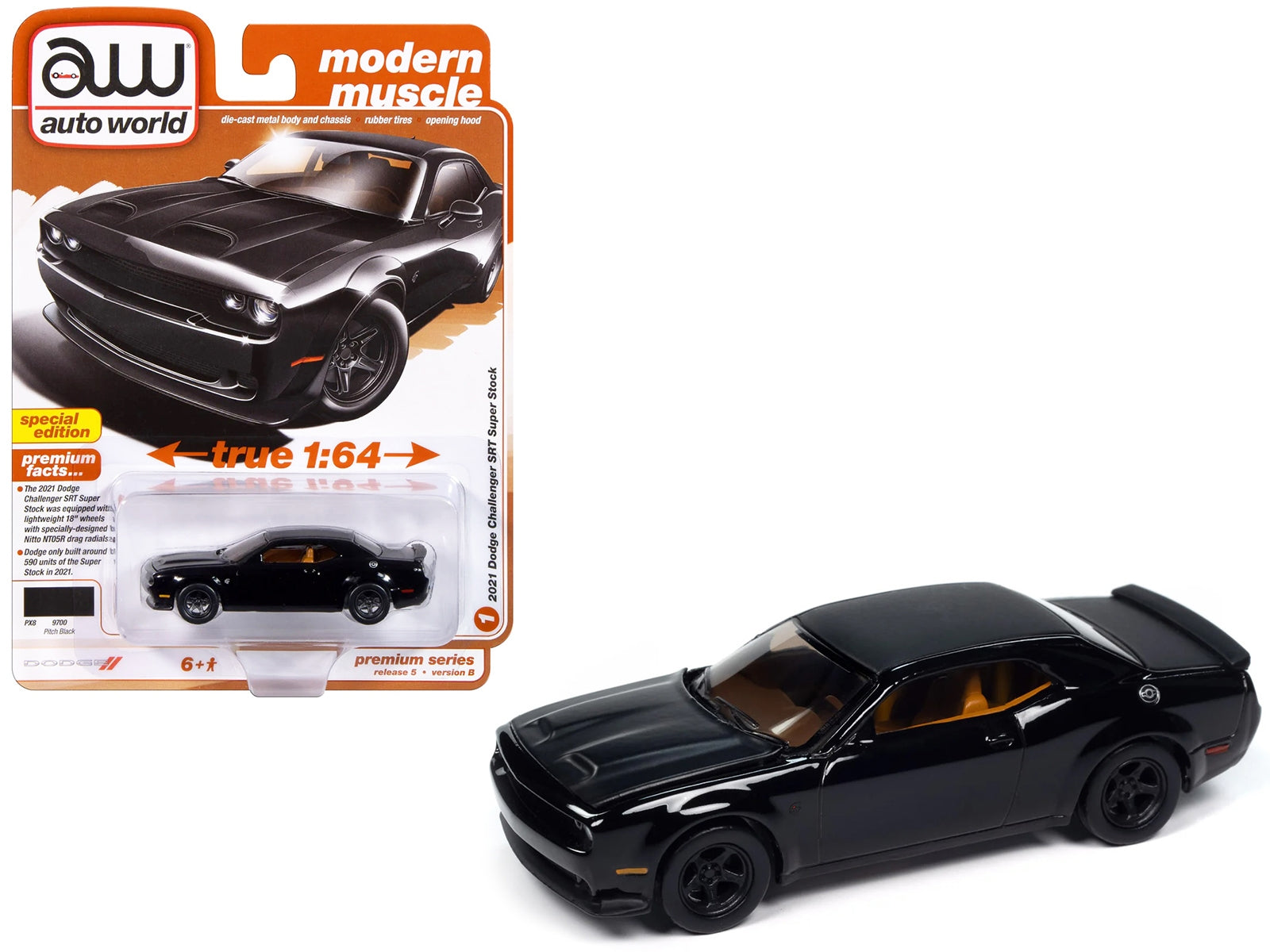 2021 Dodge Challenger SRT Super Stock Pitch Black "Modern Muscle" Series 1/64 Diecast Model Car by Auto World Autoworld