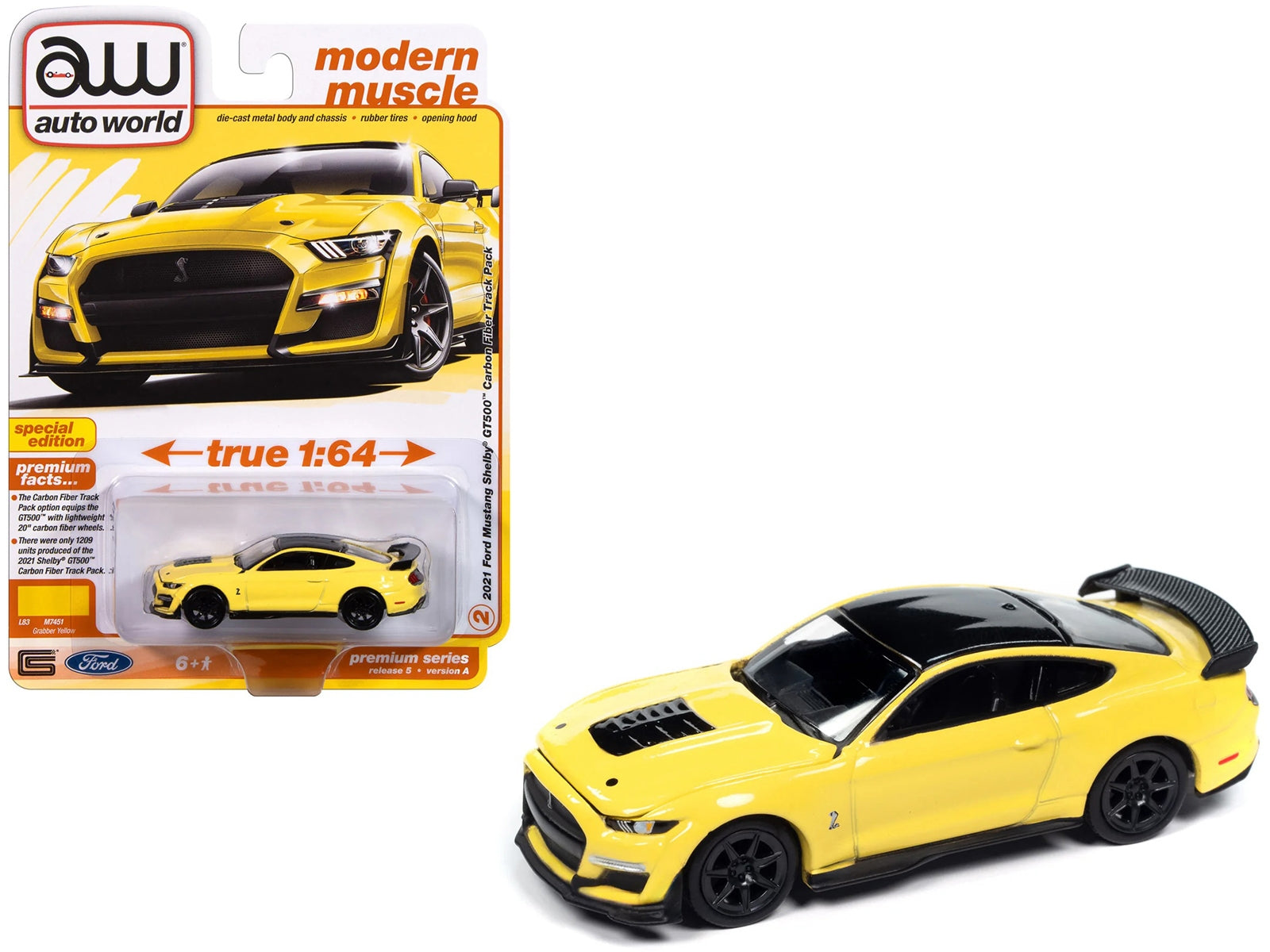 2021 Ford Mustang Shelby GT500 Carbon Fiber Track Pack Grabber Yellow with Black Top "Modern Muscle" Series 1/64 Diecast Model Car by Auto World Autoworld