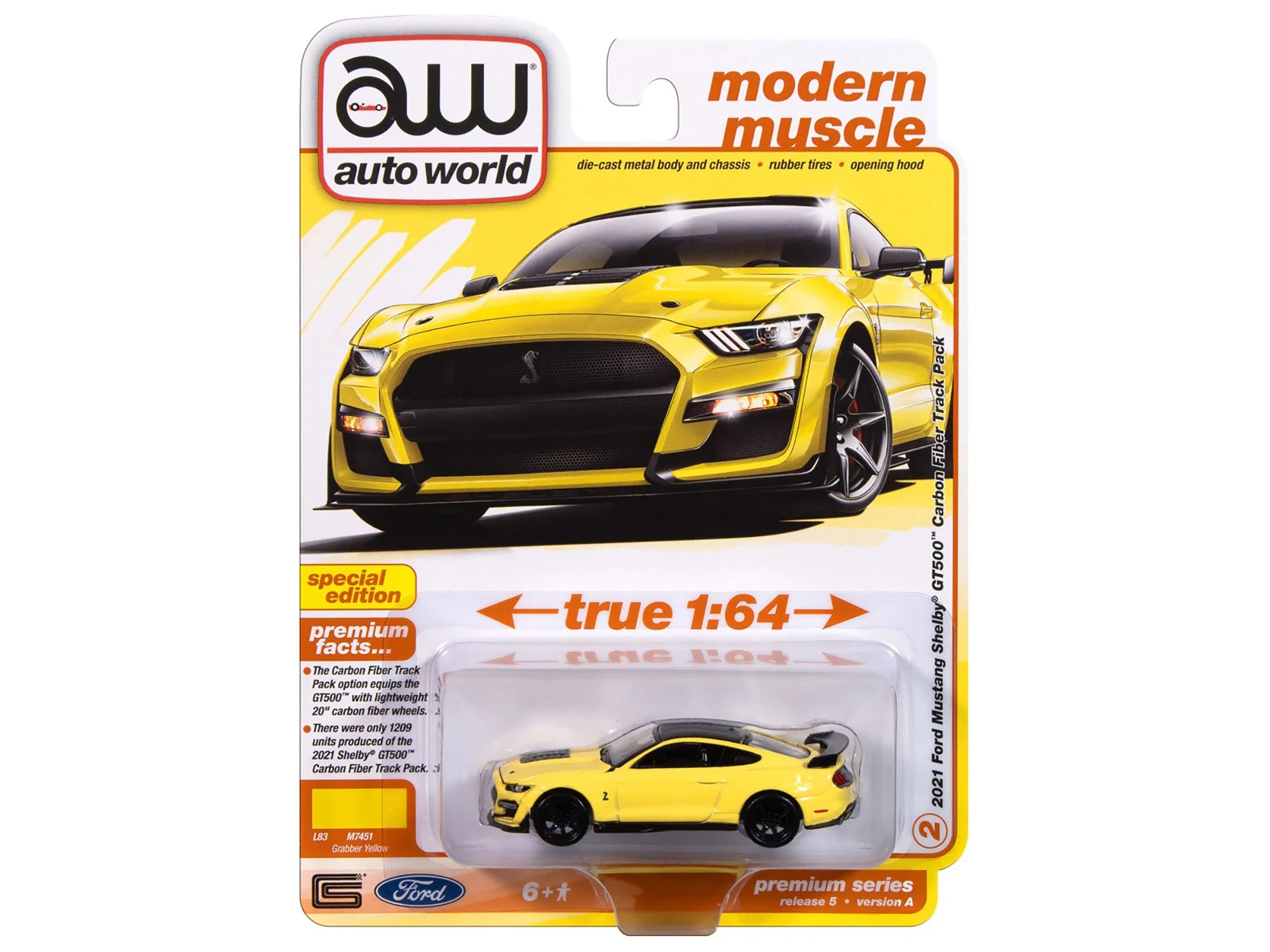 2021 Ford Mustang Shelby GT500 Carbon Fiber Track Pack Grabber Yellow with Black Top "Modern Muscle" Series 1/64 Diecast Model Car by Auto World Autoworld