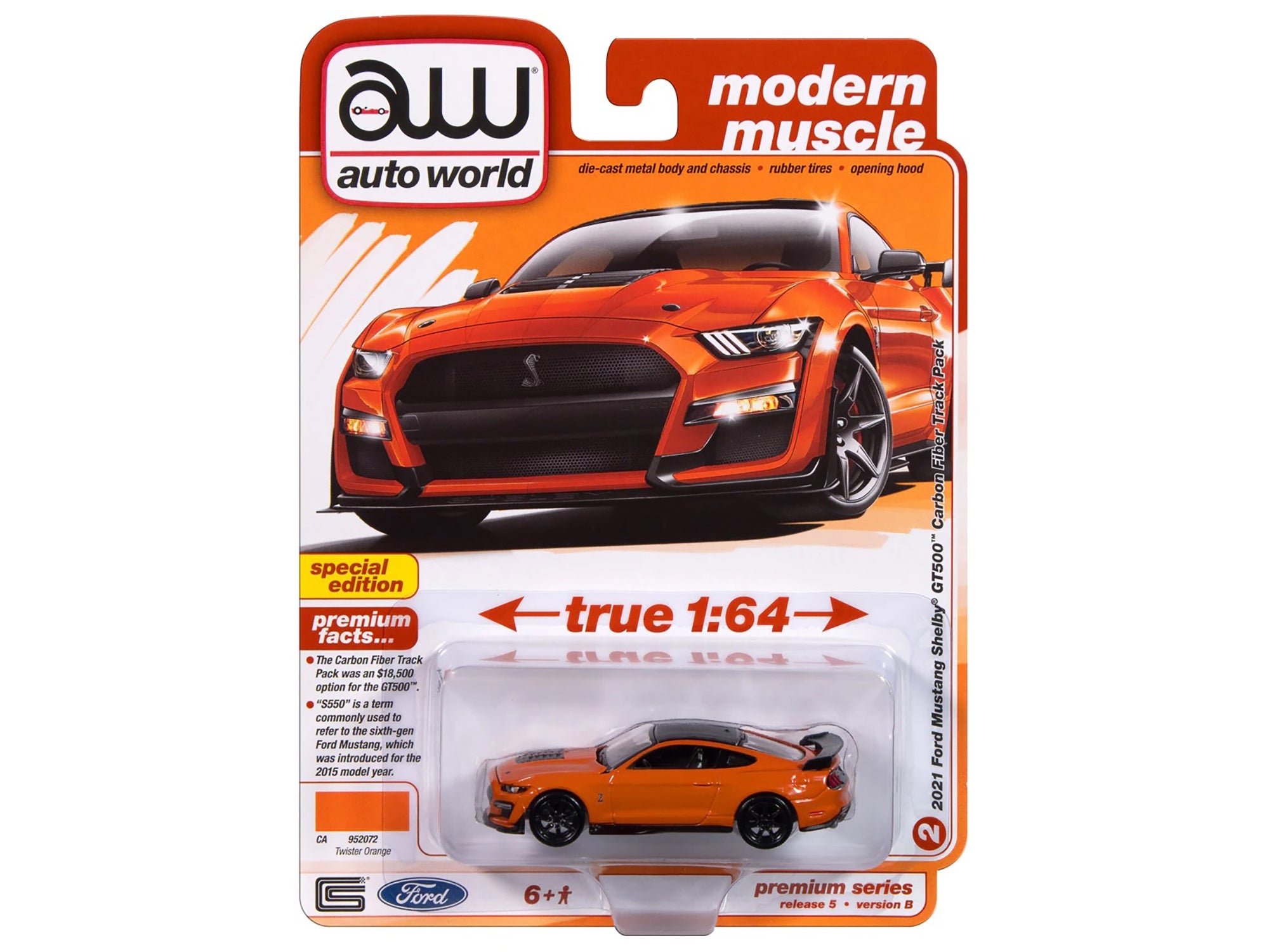 2021 Ford Mustang Shelby GT500 Carbon Fiber Track Pack Twister Orange with Black Top "Modern Muscle" Series 1/64 Diecast Model Car by Auto World Autoworld