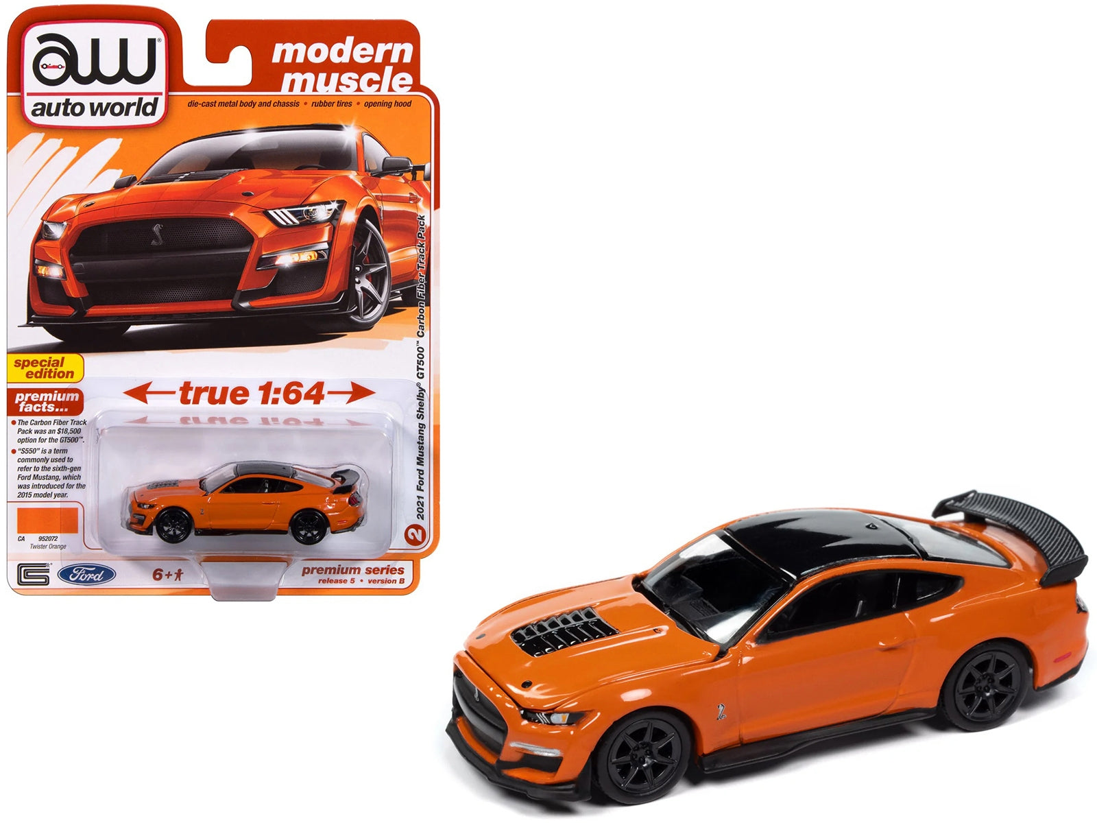 2021 Ford Mustang Shelby GT500 Carbon Fiber Track Pack Twister Orange with Black Top "Modern Muscle" Series 1/64 Diecast Model Car by Auto World Autoworld