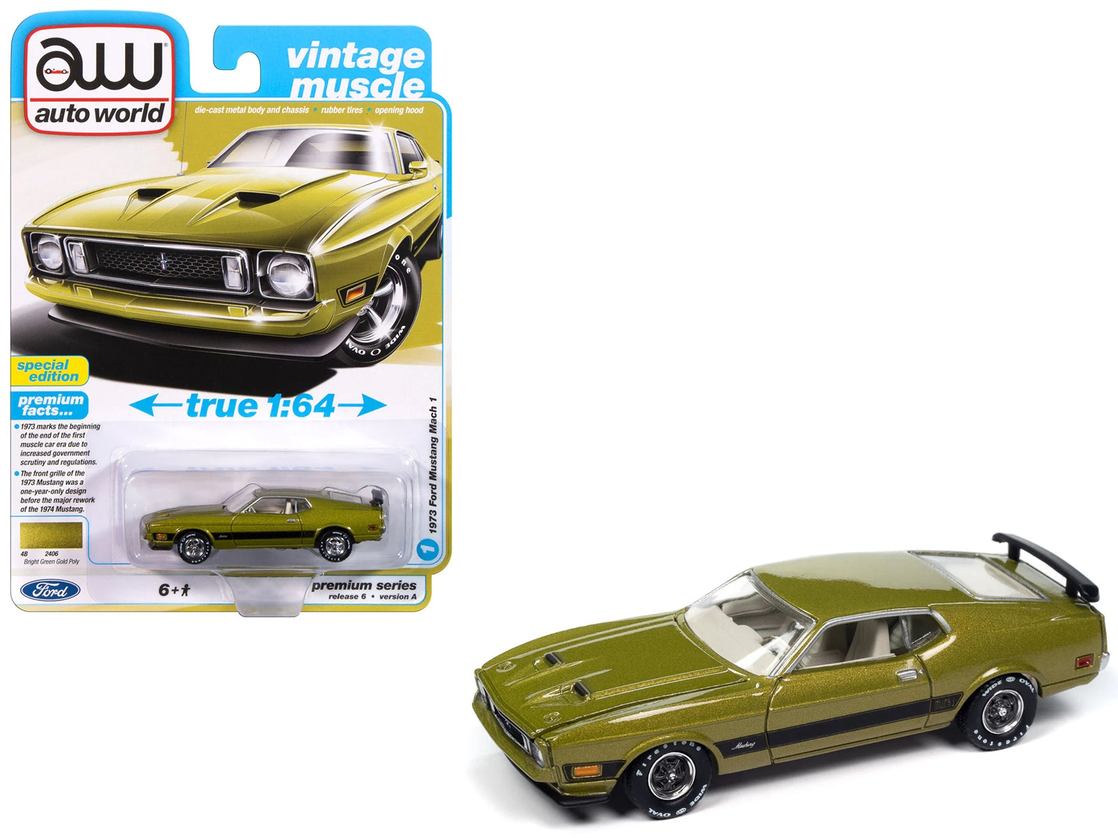 1973 Ford Mustang Mach 1 Bright Green Gold Metallic with Black Stripes "Vintage Muscle" Series 1/64 Diecast Model Car by Auto World Autoworld