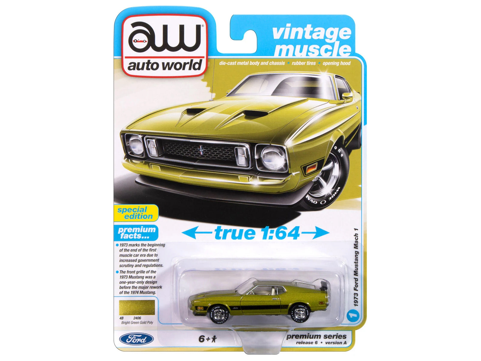 1973 Ford Mustang Mach 1 Bright Green Gold Metallic with Black Stripes "Vintage Muscle" Series 1/64 Diecast Model Car by Auto World Autoworld