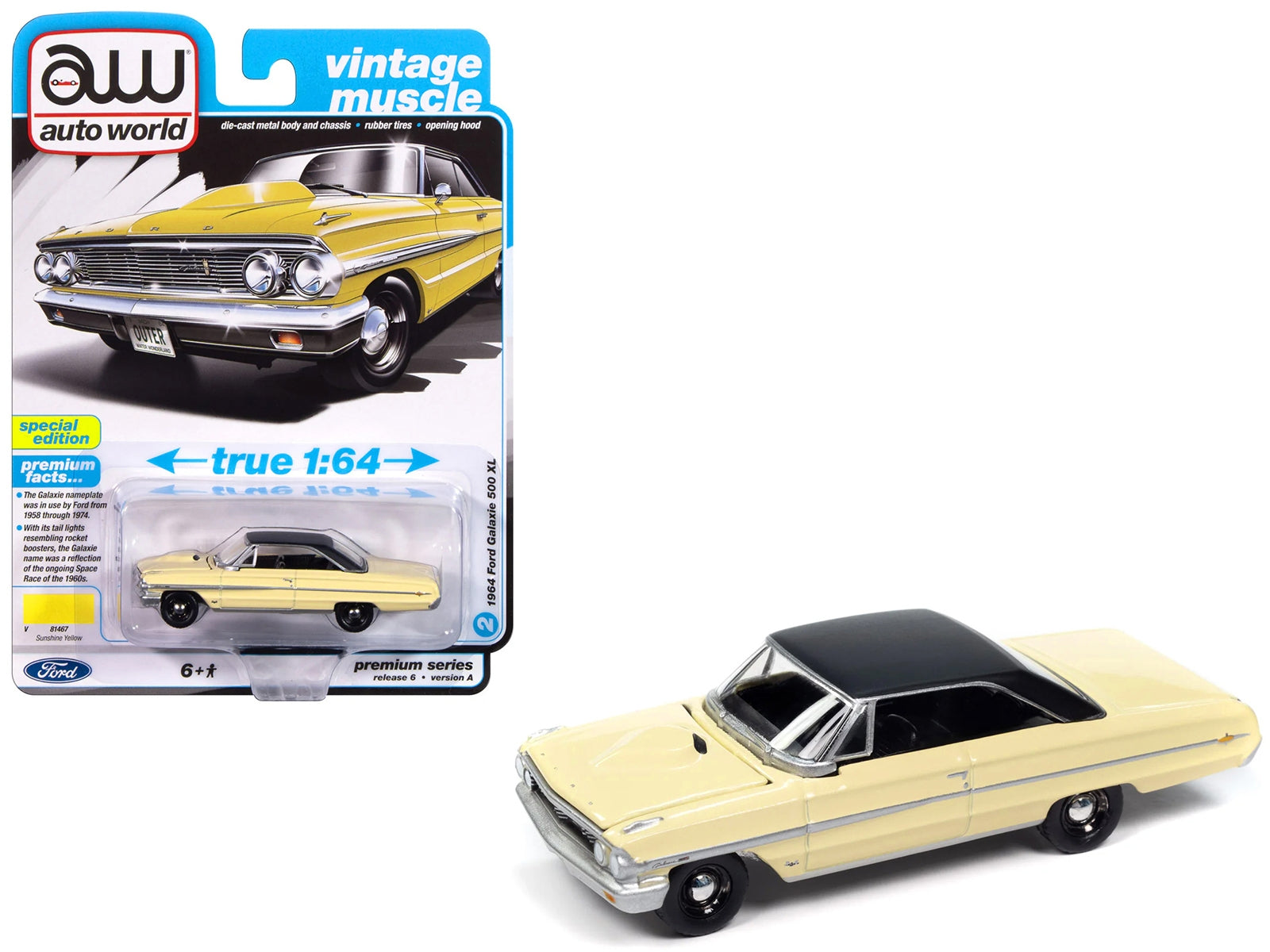 1964 Ford Galaxie 500 XL Sunshine Yellow with Black Top "Vintage Muscle" Series 1/64 Diecast Model Car by Auto World Autoworld