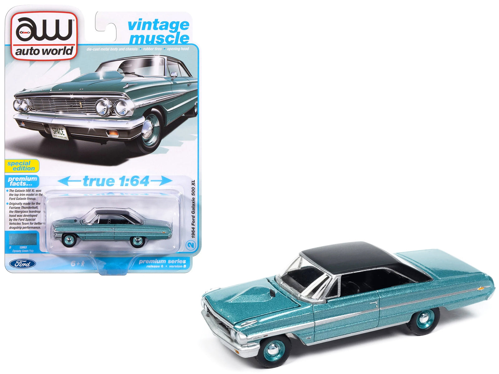 1964 Ford Galaxie 500 XL Dynasty Green Metallic with Black Top "Vintage Muscle" Series 1/64 Diecast Model Car by Auto World Autoworld