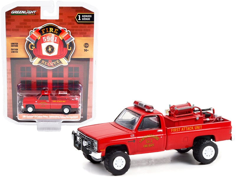 1986 Chevrolet C20 Custom Deluxe Pickup Truck Red First Attack Unit Fire Equipment and Hose and Tank "Lawrenceburg Fire Department" (Indiana) "Fire & Rescue" Series 1 1/64 Diecast Model Car by Greenlight Greenlight