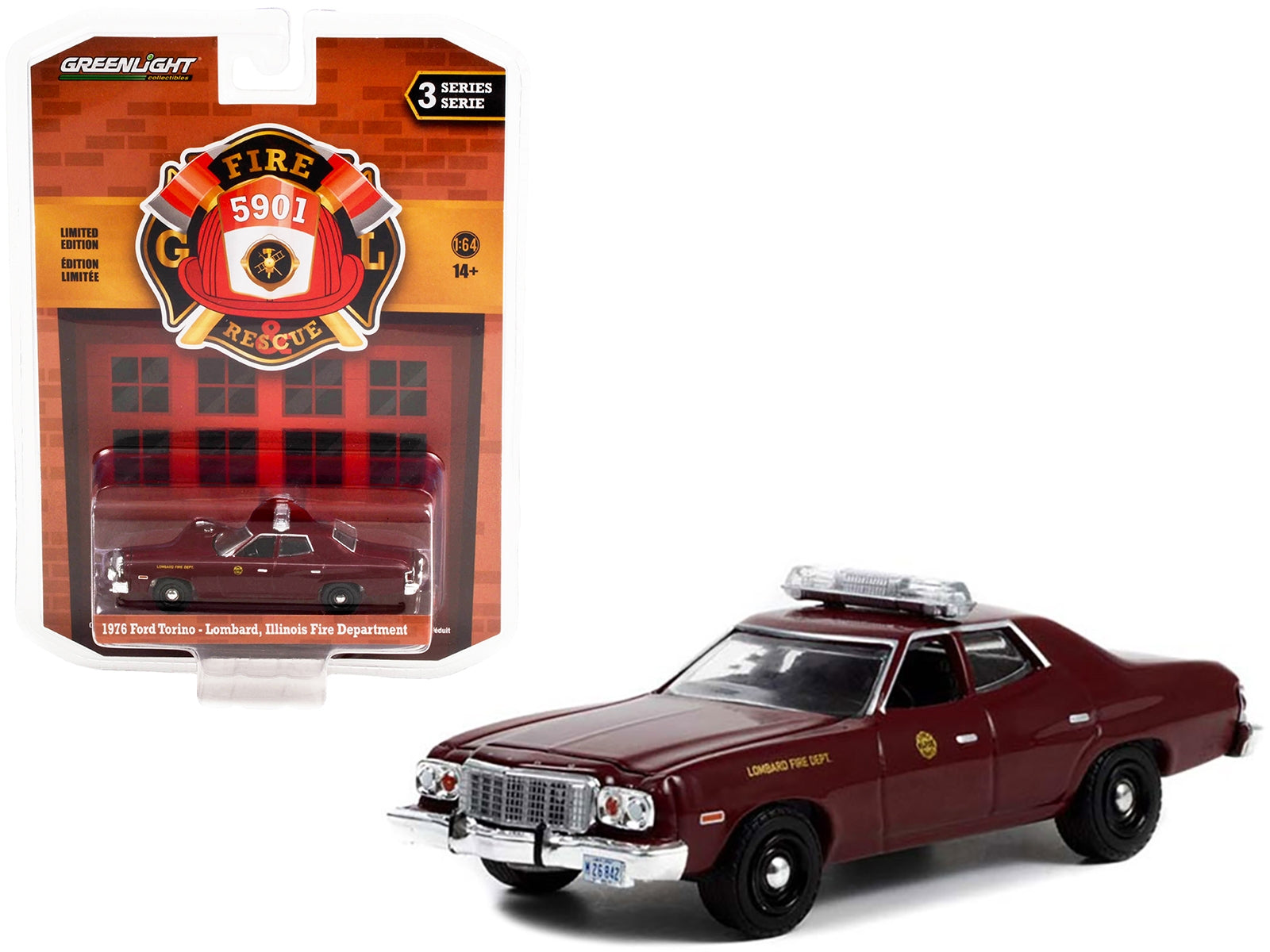 1976 Ford Torino Maroon "Lombard Fire Department" (Illinois) "Fire & Rescue" Series 3 1/64 Diecast Model Car by Greenlight Greenlight