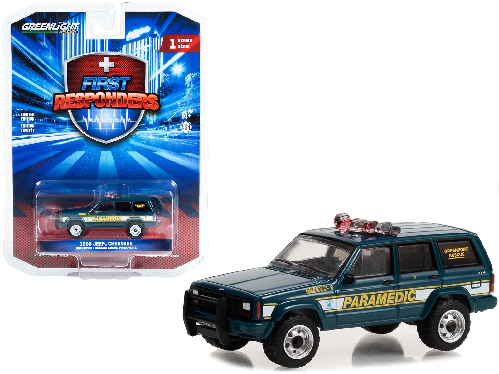 1998 Jeep Cherokee Blue "Greenport Rescue Squad Paramedic Greenport New York" "First Responders" Series 1 1/64 Diecast Model Car by Greenlight Greenlight